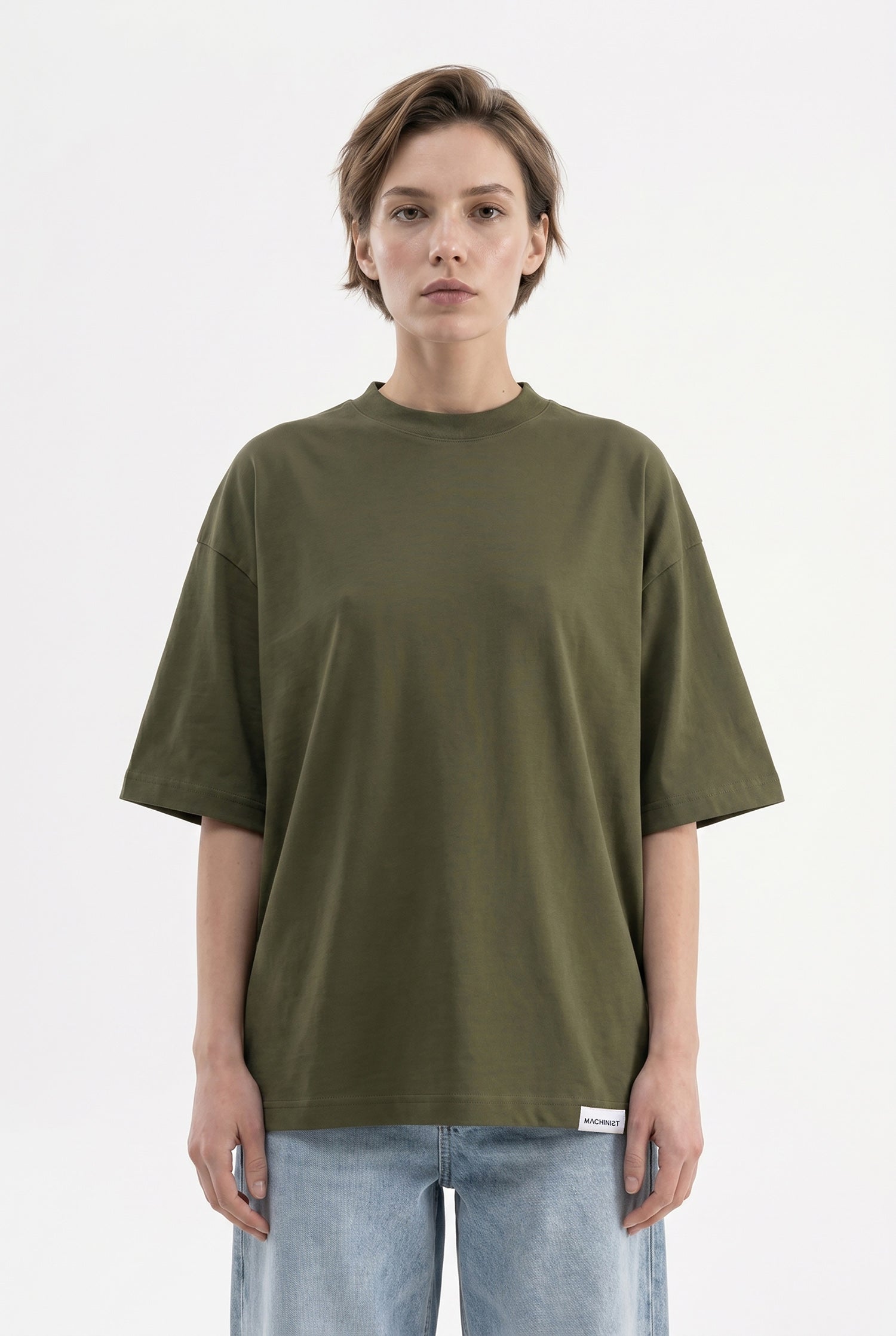 Kadın Basic Oversize Pamuklu Süprem T-Shirt Koyu Haki