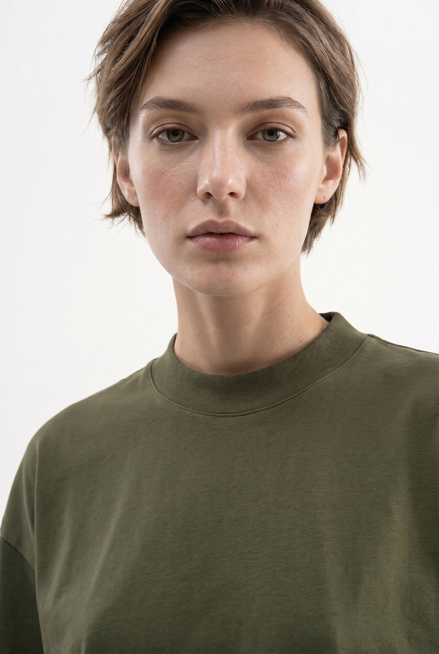 Kadın Basic Oversize Pamuklu Süprem T-Shirt Koyu Haki-3