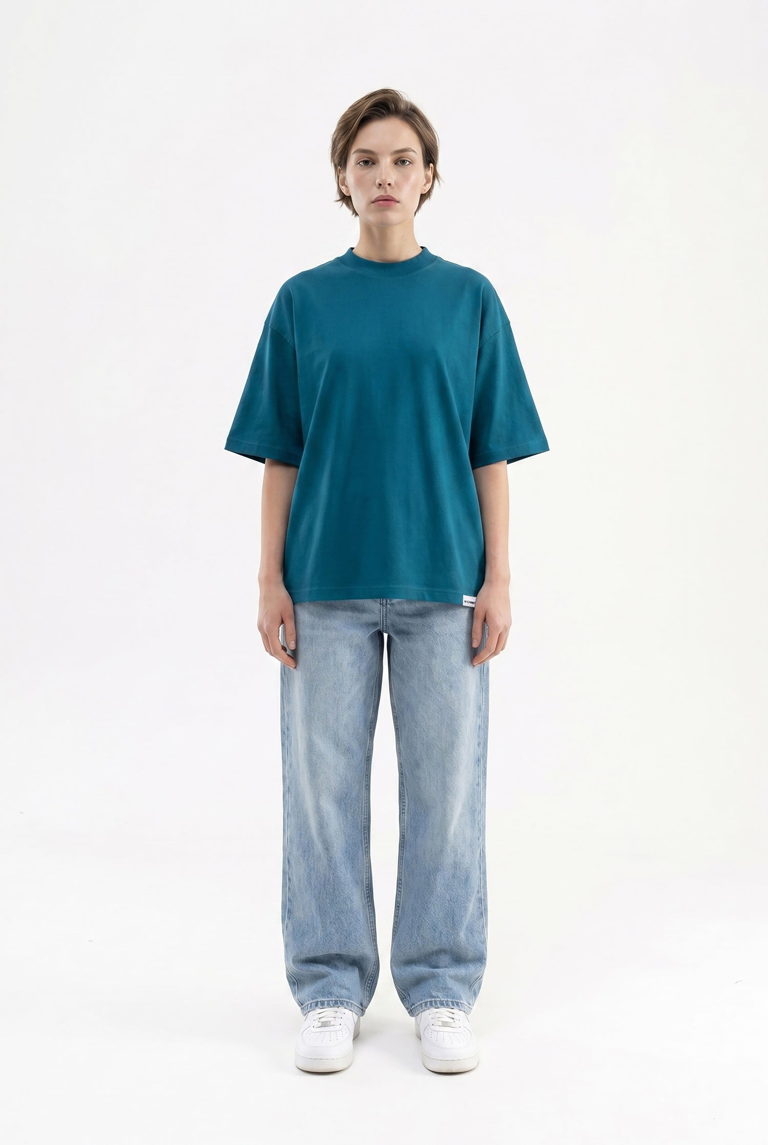 Kadın Basic Oversize Pamuklu Süprem T-Shirt Koyu Petrol-4