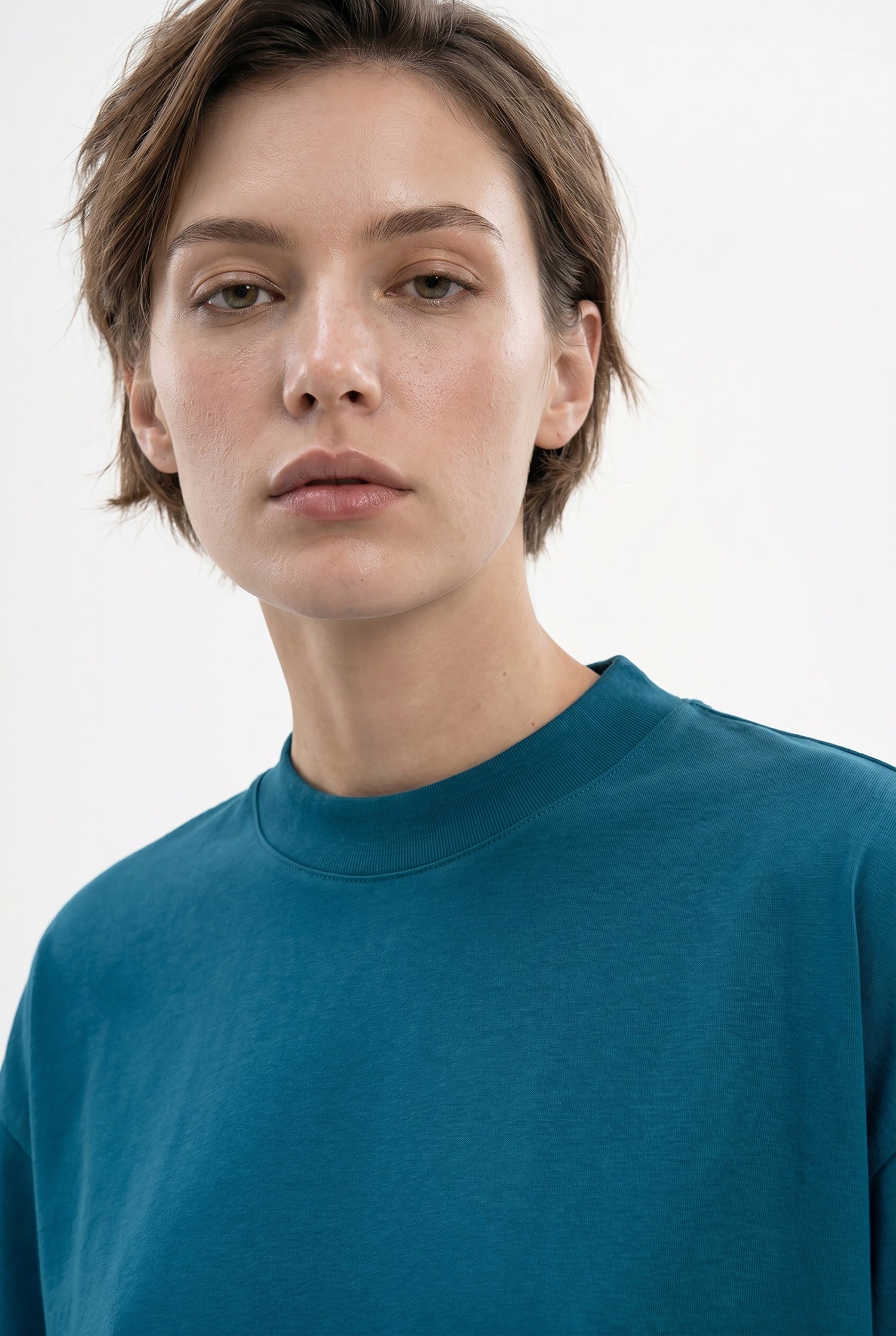 Kadın Basic Oversize Pamuklu Süprem T-Shirt Koyu Petrol-3