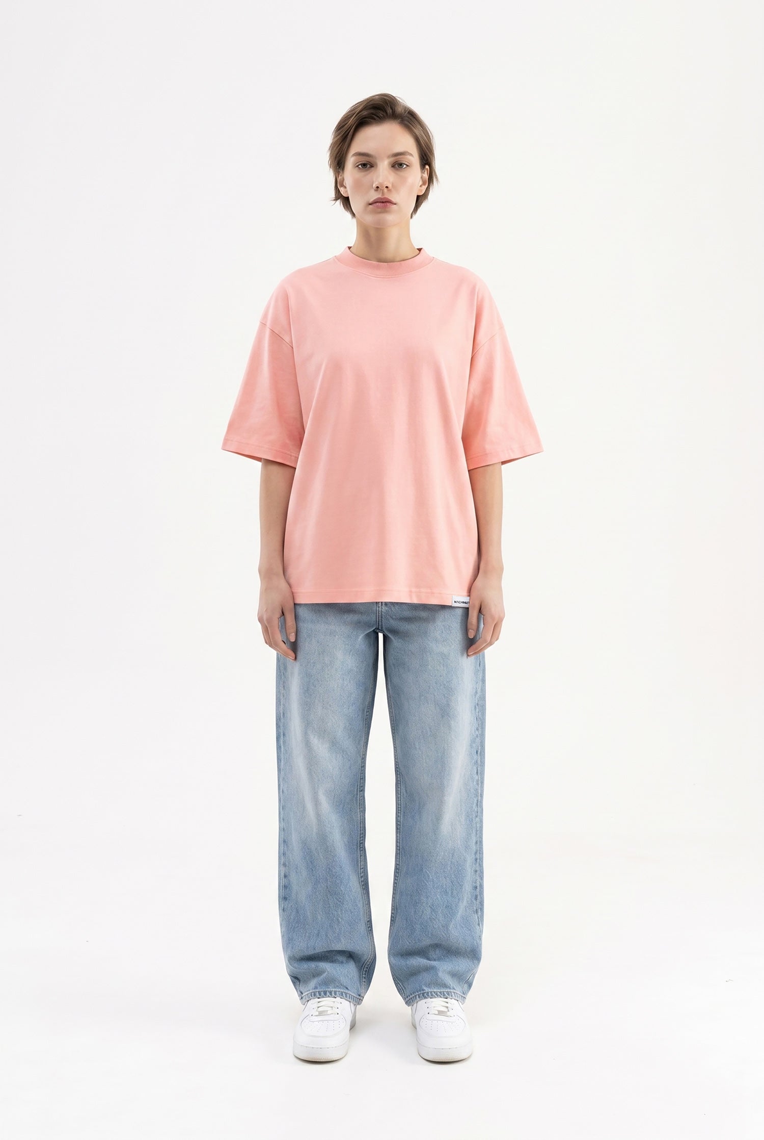 Kadın Basic Oversize Pamuklu Süprem T-Shirt Koyu Pudra-4