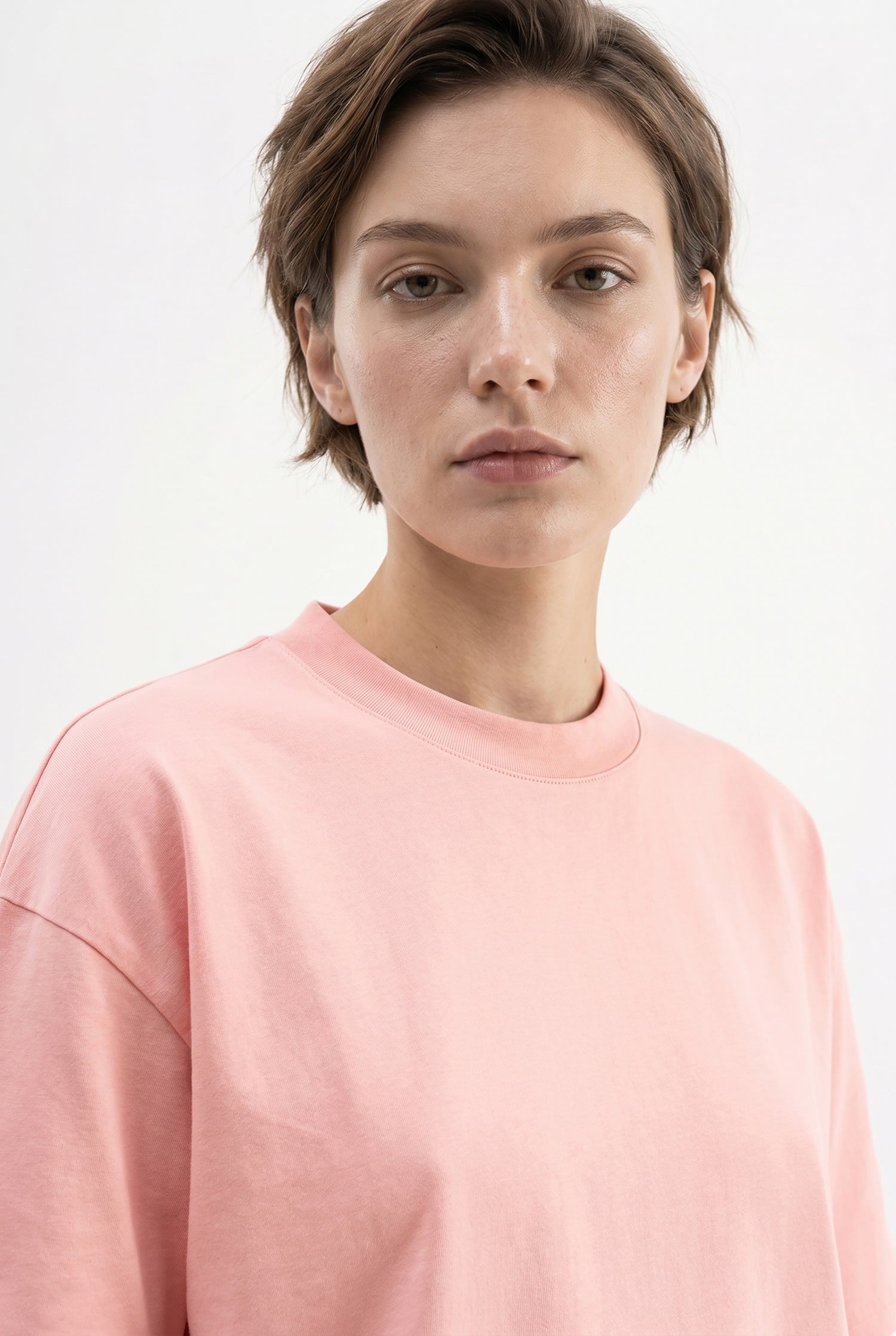 Kadın Basic Oversize Pamuklu Süprem T-Shirt Koyu Pudra-3