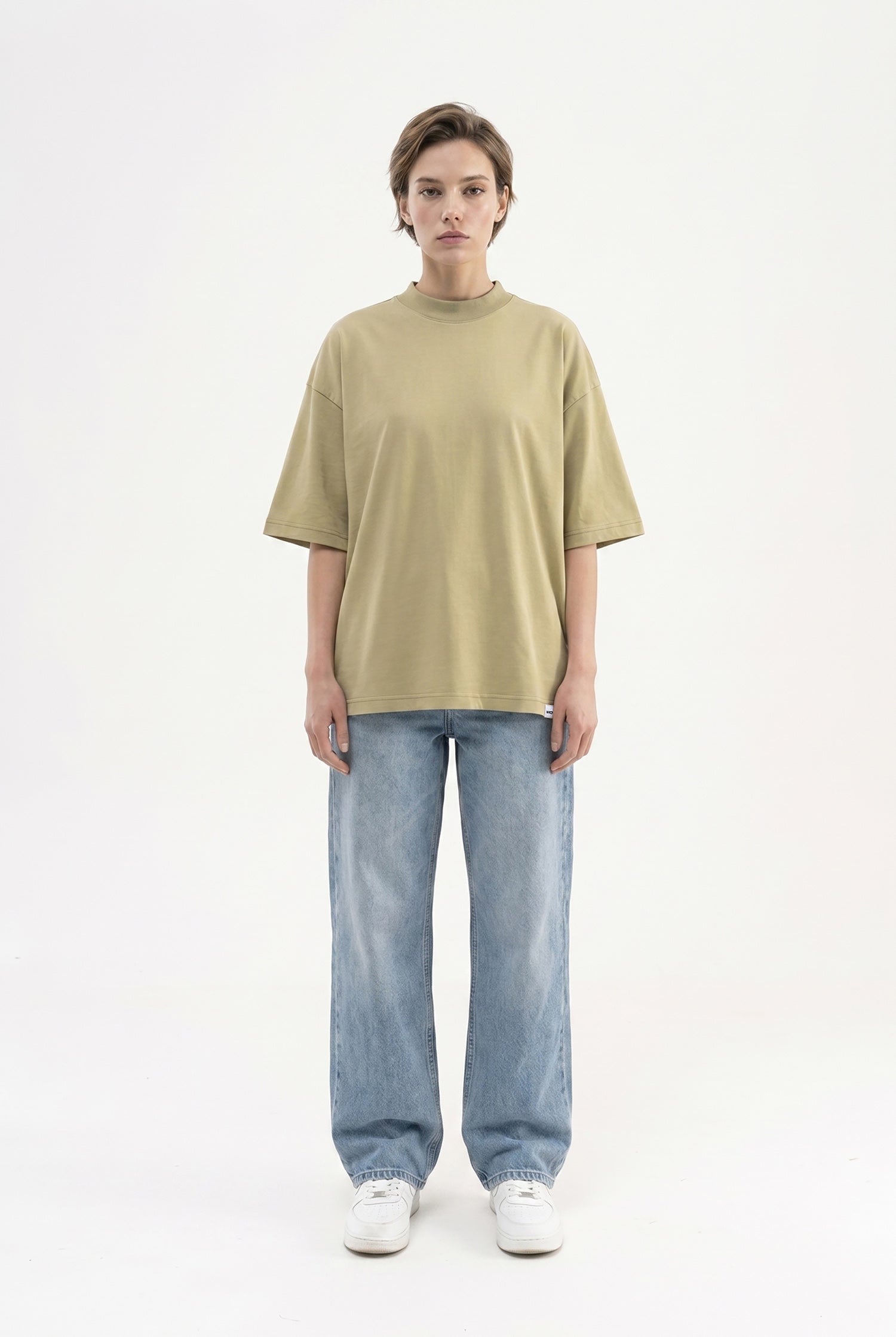 Kadın Basic Oversize Pamuklu Süprem T-Shirt Küf Yeşili-4