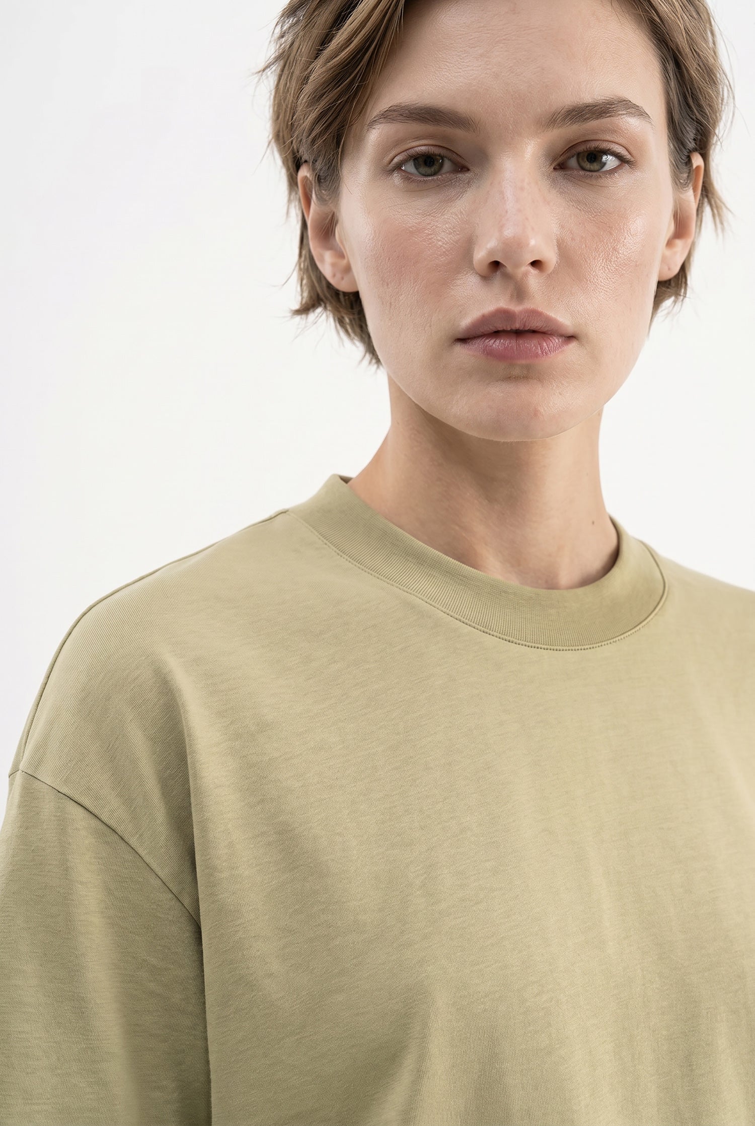 Kadın Basic Oversize Pamuklu Süprem T-Shirt Küf Yeşili-3