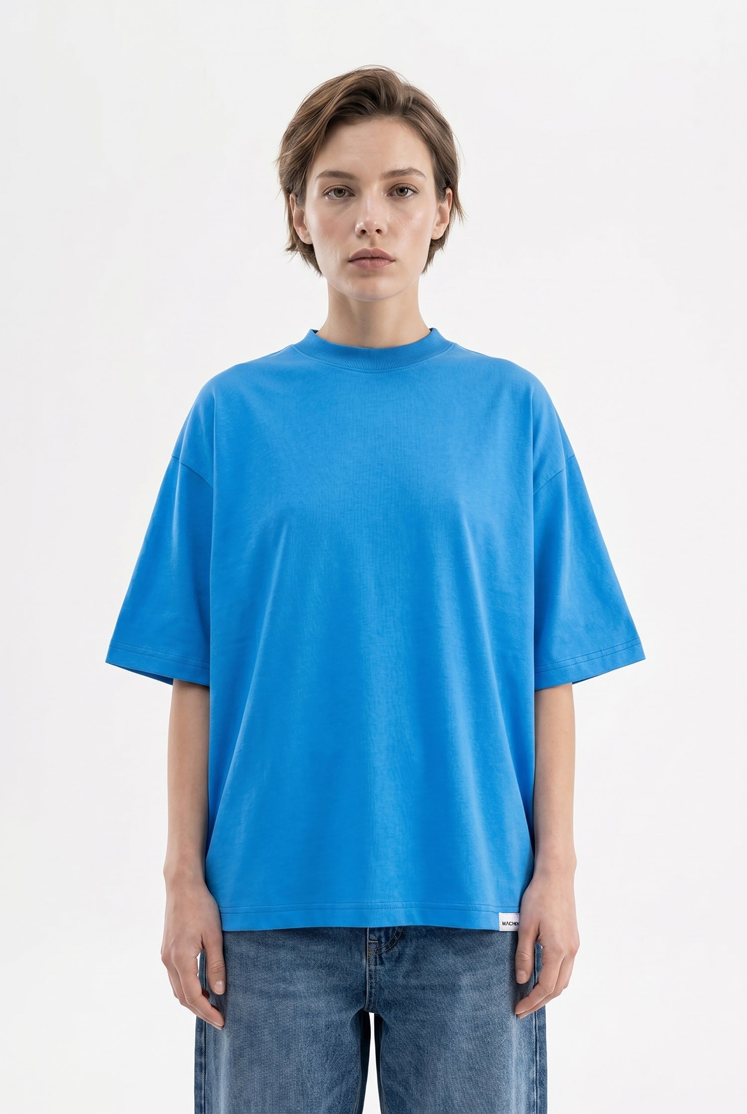 Kadın Basic Oversize Pamuklu Süprem T-Shirt Mavi