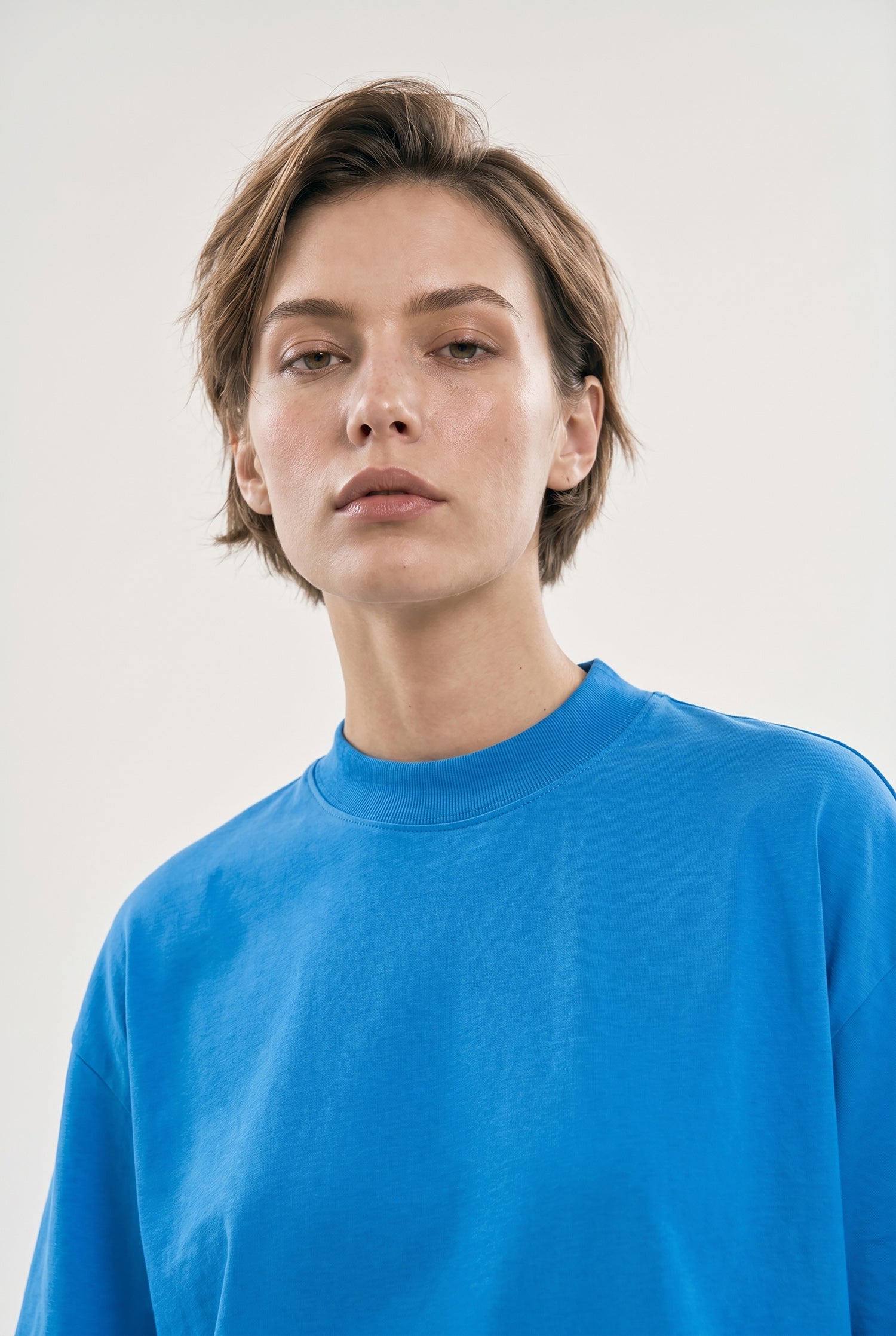 Kadın Basic Oversize Pamuklu Süprem T-Shirt Mavi-3