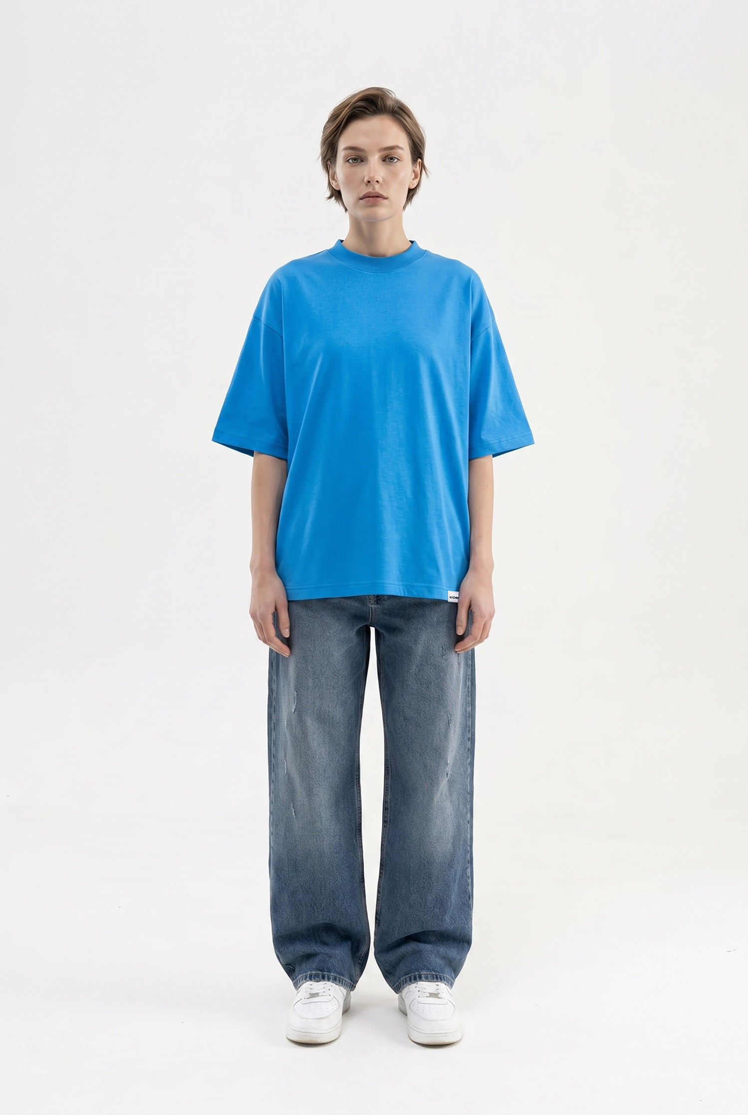 Kadın Basic Oversize Pamuklu Süprem T-Shirt Mavi-4