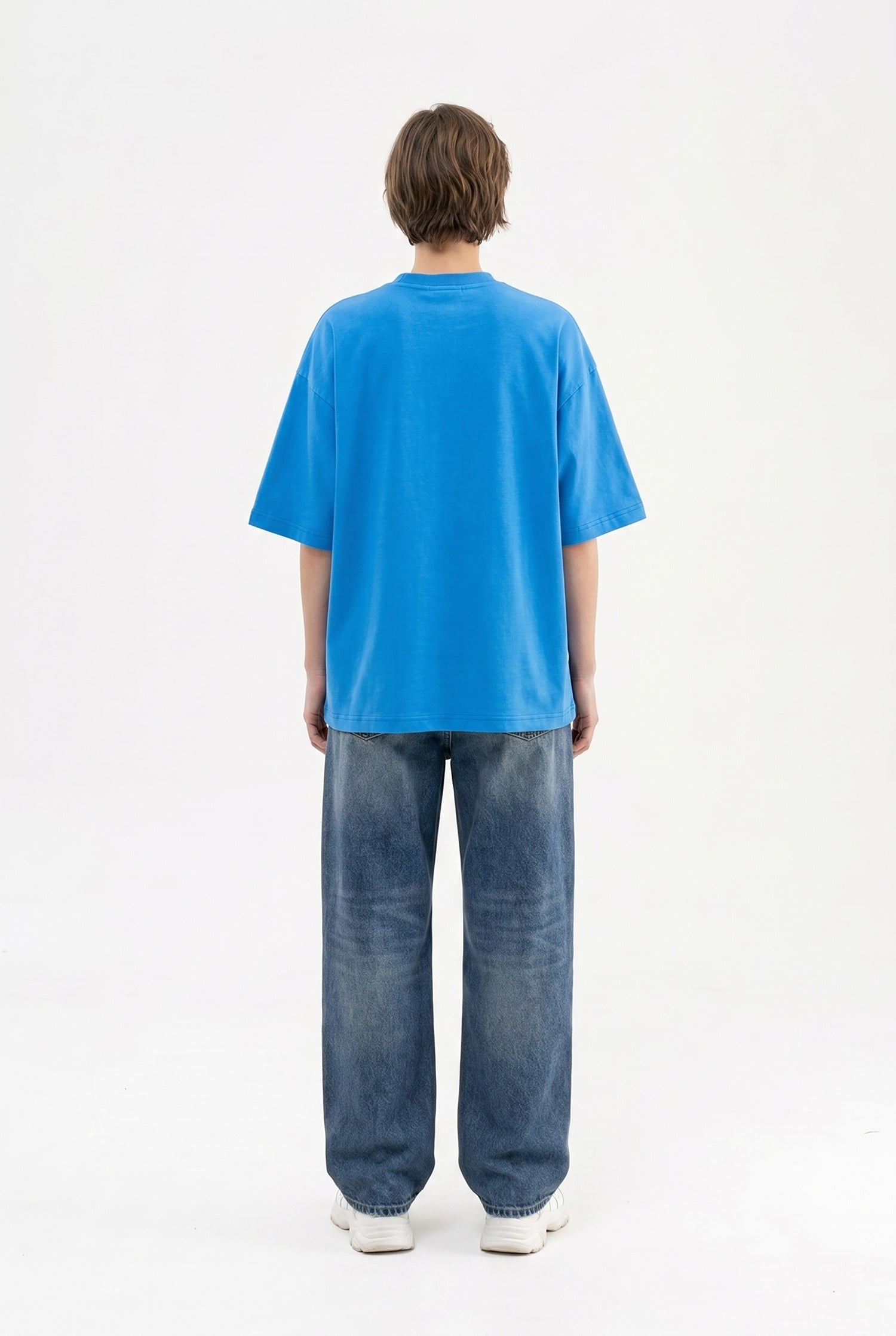 Kadın Basic Oversize Pamuklu Süprem T-Shirt Mavi-5