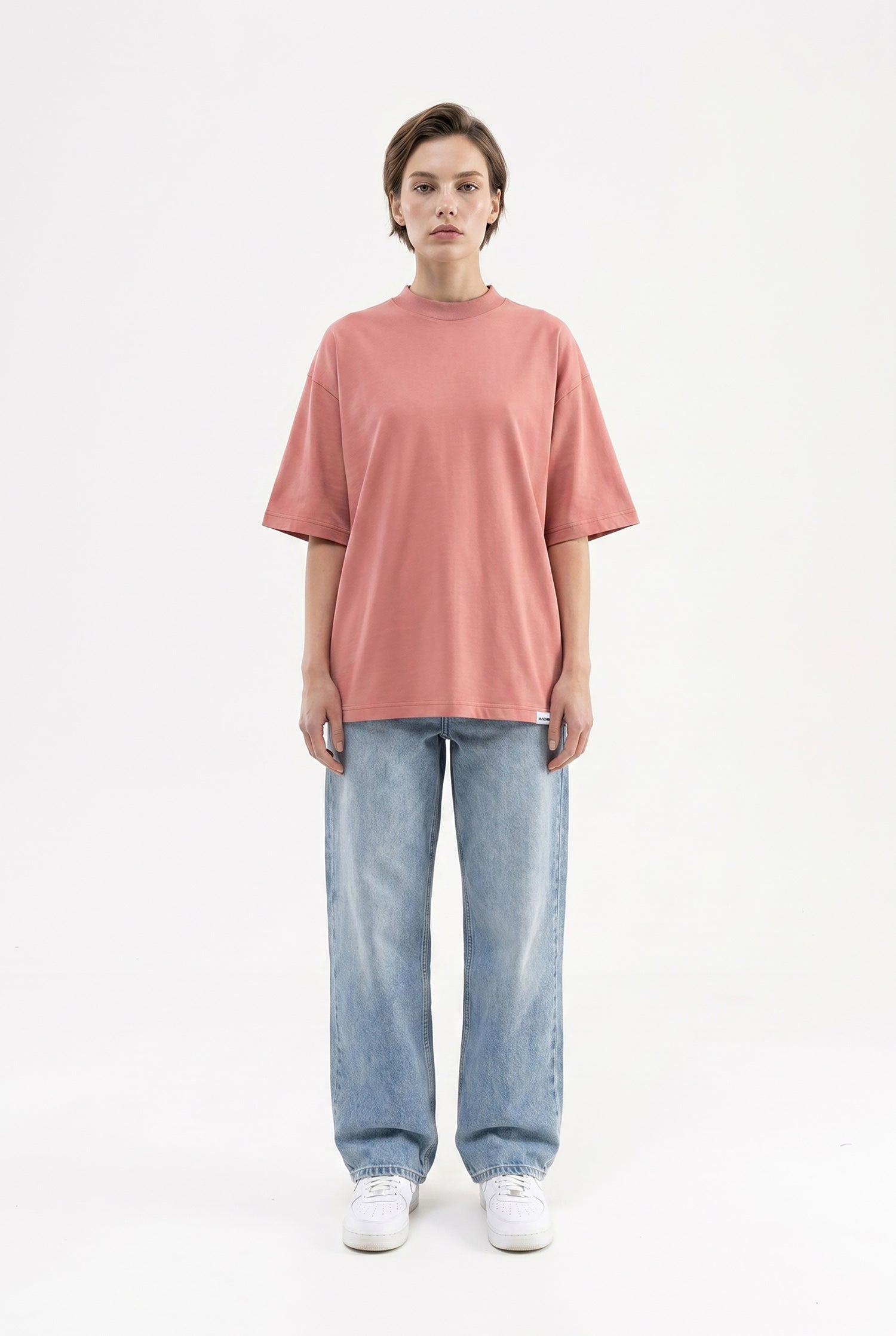 Kadın Basic Oversize Pamuklu Süprem T-Shirt Mercan-4