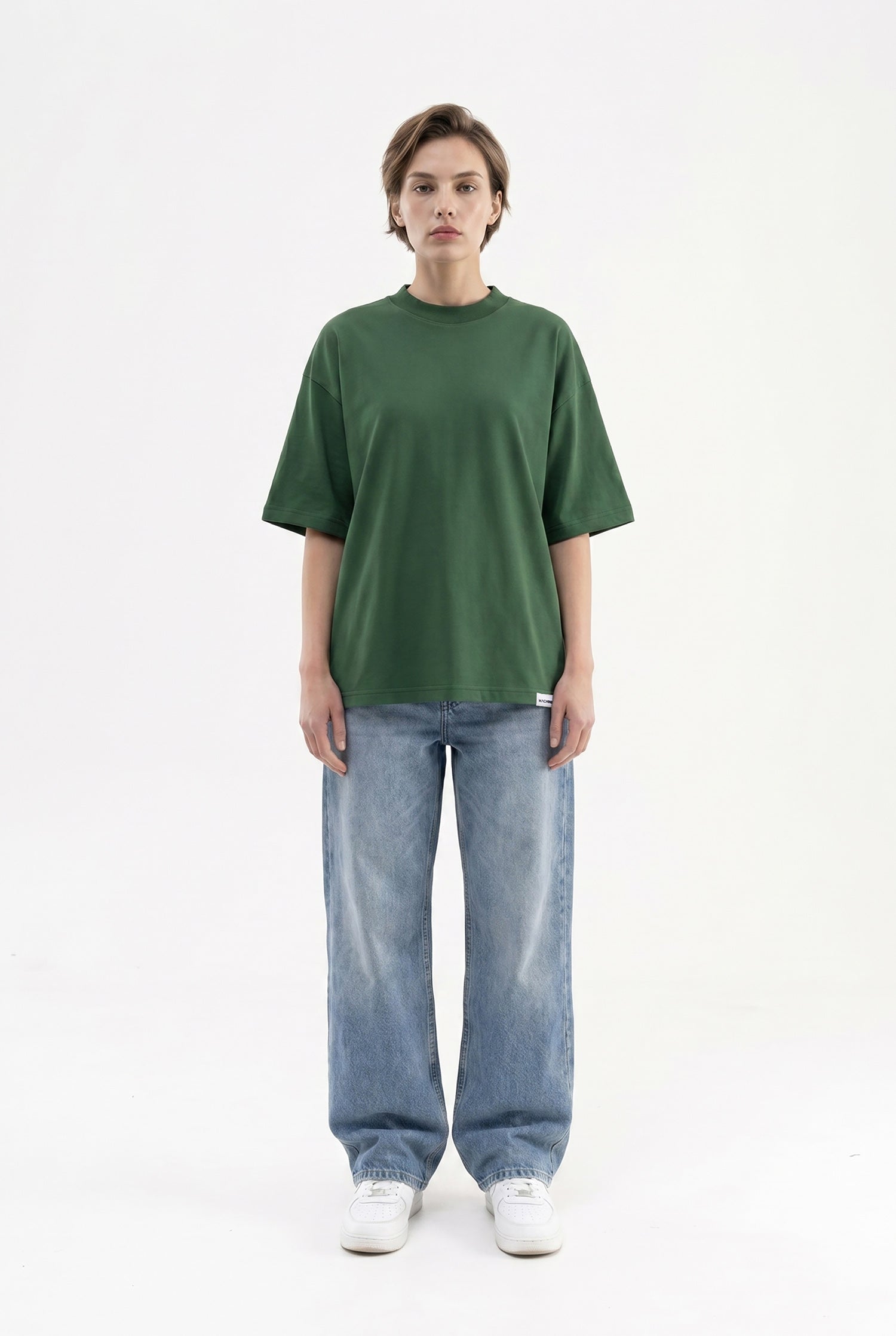 Kadın Basic Oversize Pamuklu Süprem T-Shirt Nefti Yeşili-4