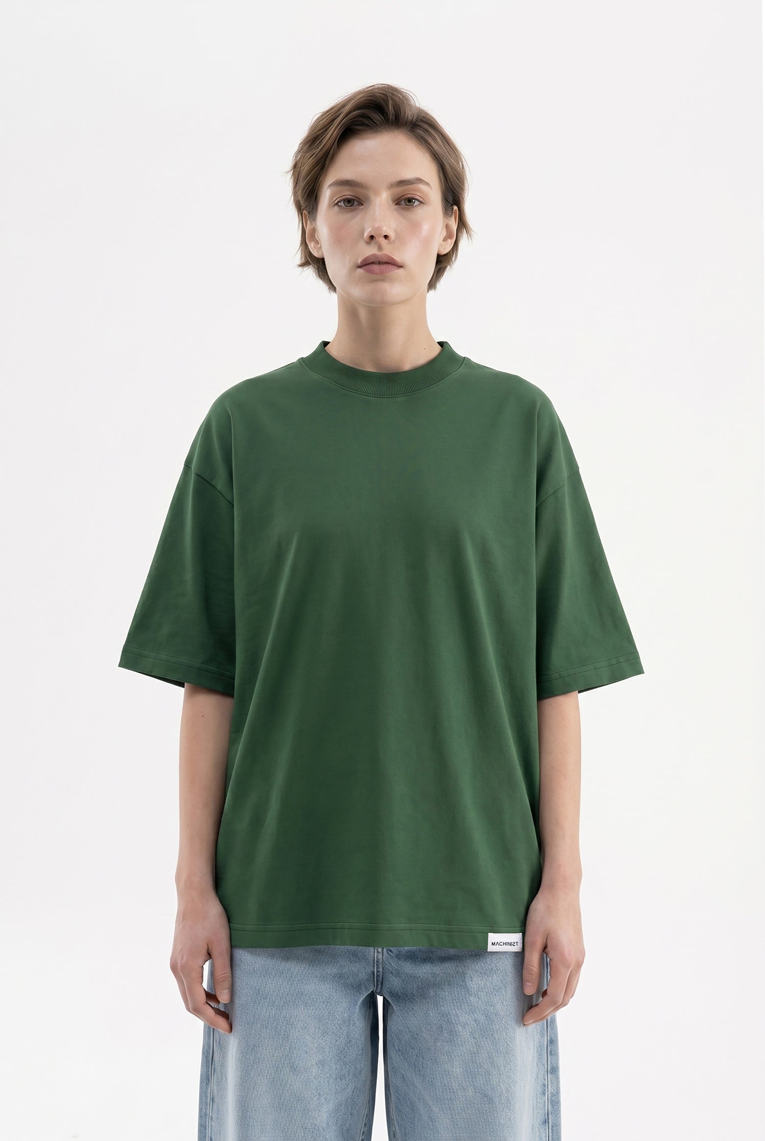 Kadın Basic Oversize Pamuklu Süprem T-Shirt Nefti Yeşili