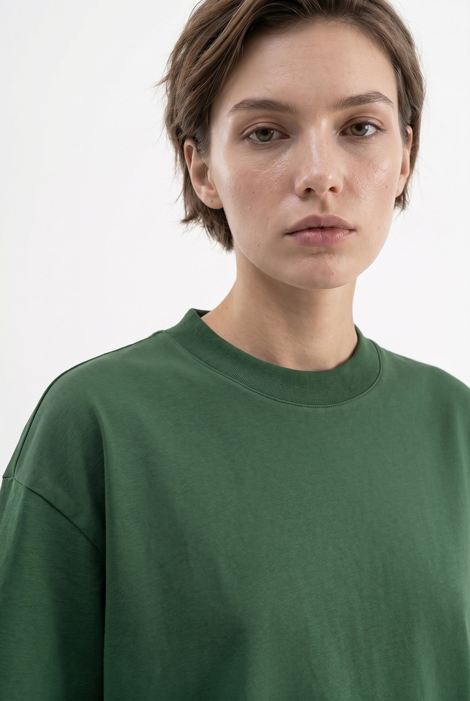 Kadın Basic Oversize Pamuklu Süprem T-Shirt Nefti Yeşili-3