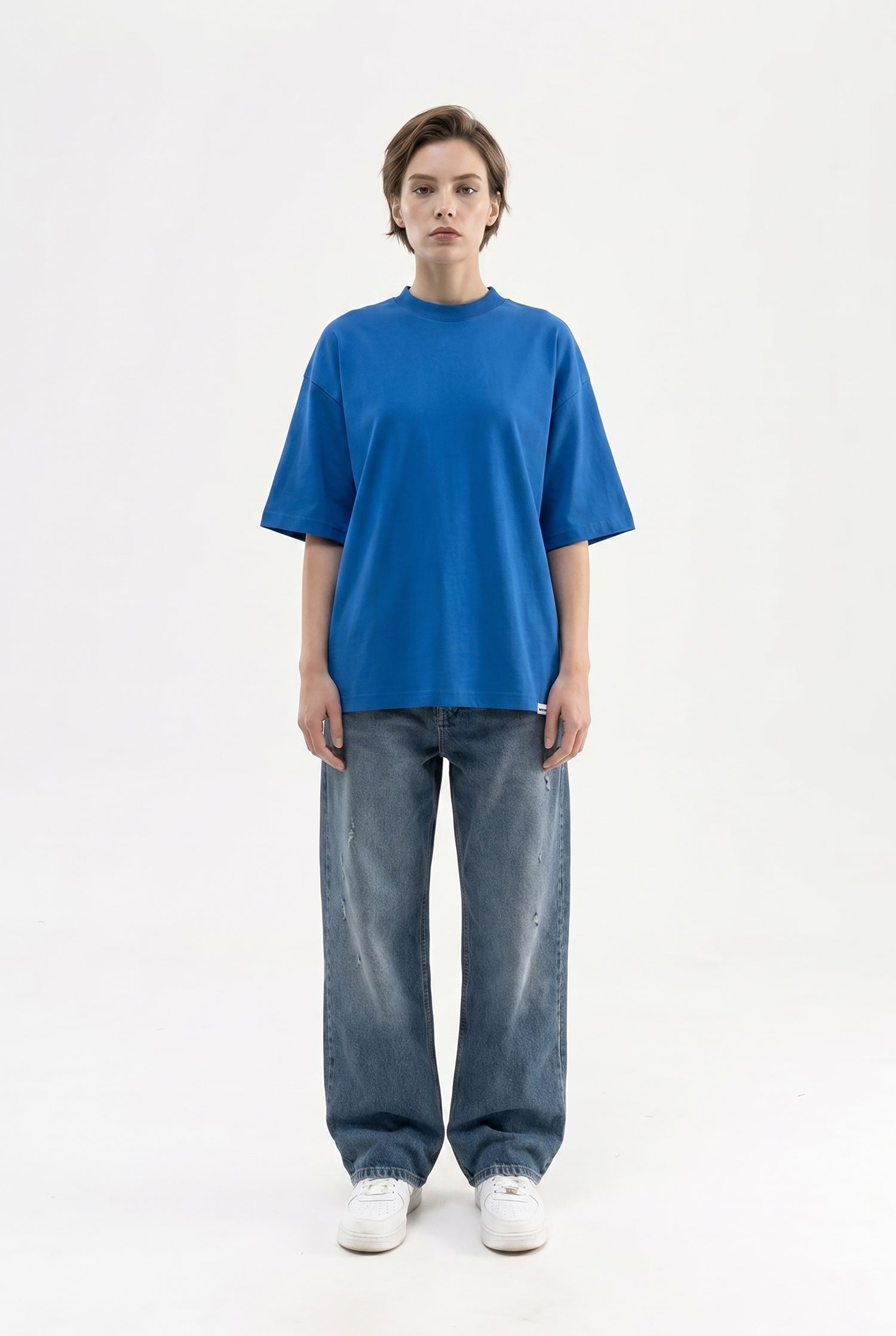 Kadın Basic Oversize Pamuklu Süprem T-Shirt Saks Mavi-4