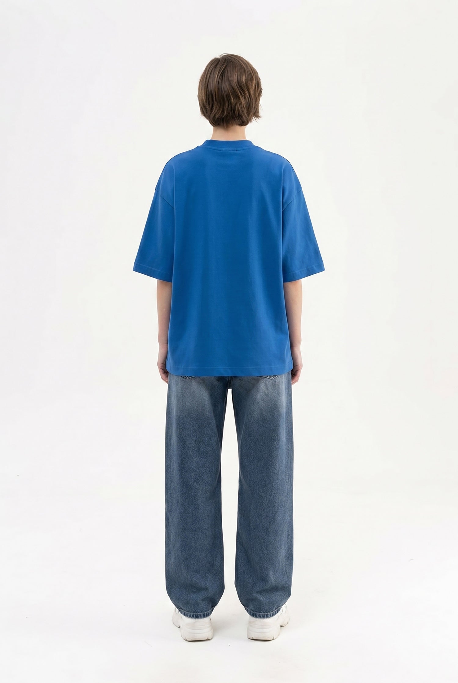 Kadın Basic Oversize Pamuklu Süprem T-Shirt Saks Mavi-5