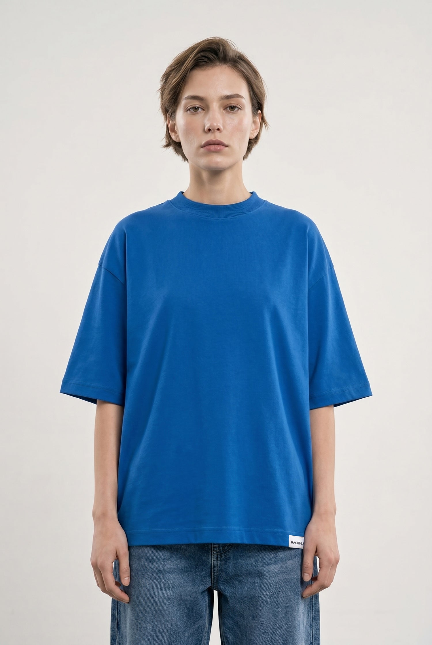 Kadın Basic Oversize Pamuklu Süprem T-Shirt Saks Mavi
