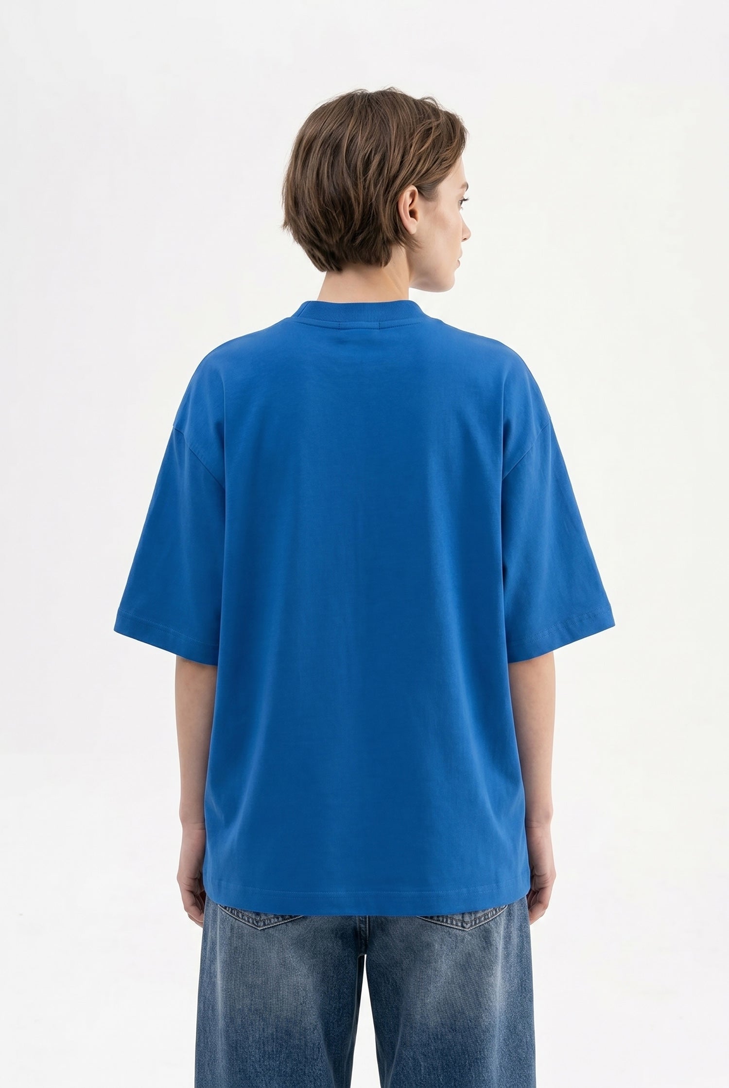 Kadın Basic Oversize Pamuklu Süprem T-Shirt Saks Mavi