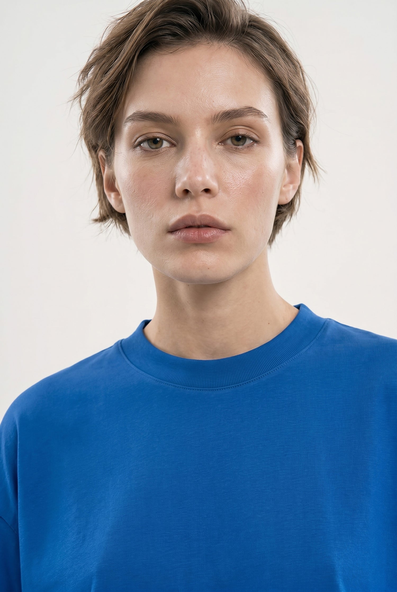 Kadın Basic Oversize Pamuklu Süprem T-Shirt Saks Mavi-3