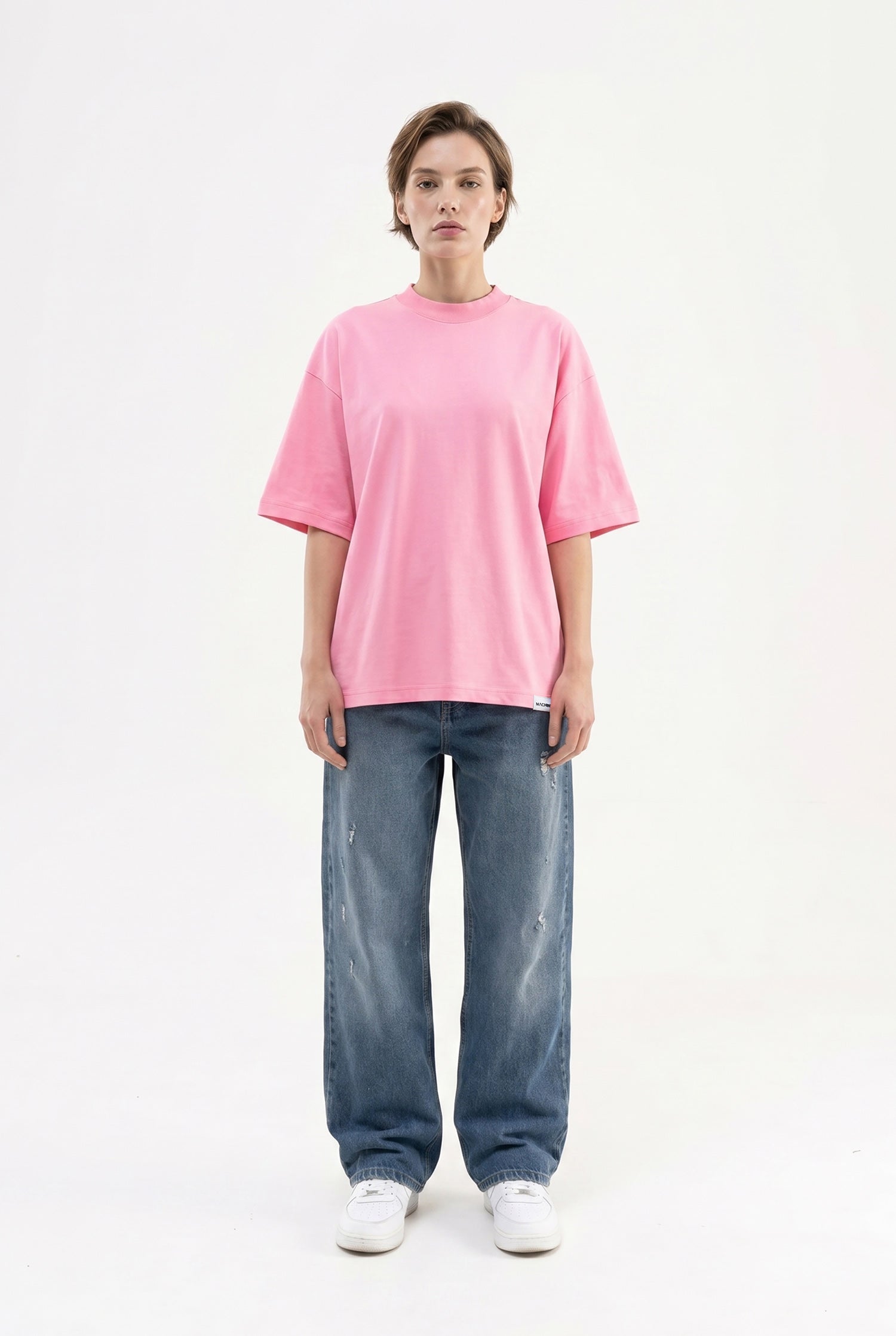 Kadın Basic Oversize Pamuklu Süprem T-Shirt Şeker Pembe-4
