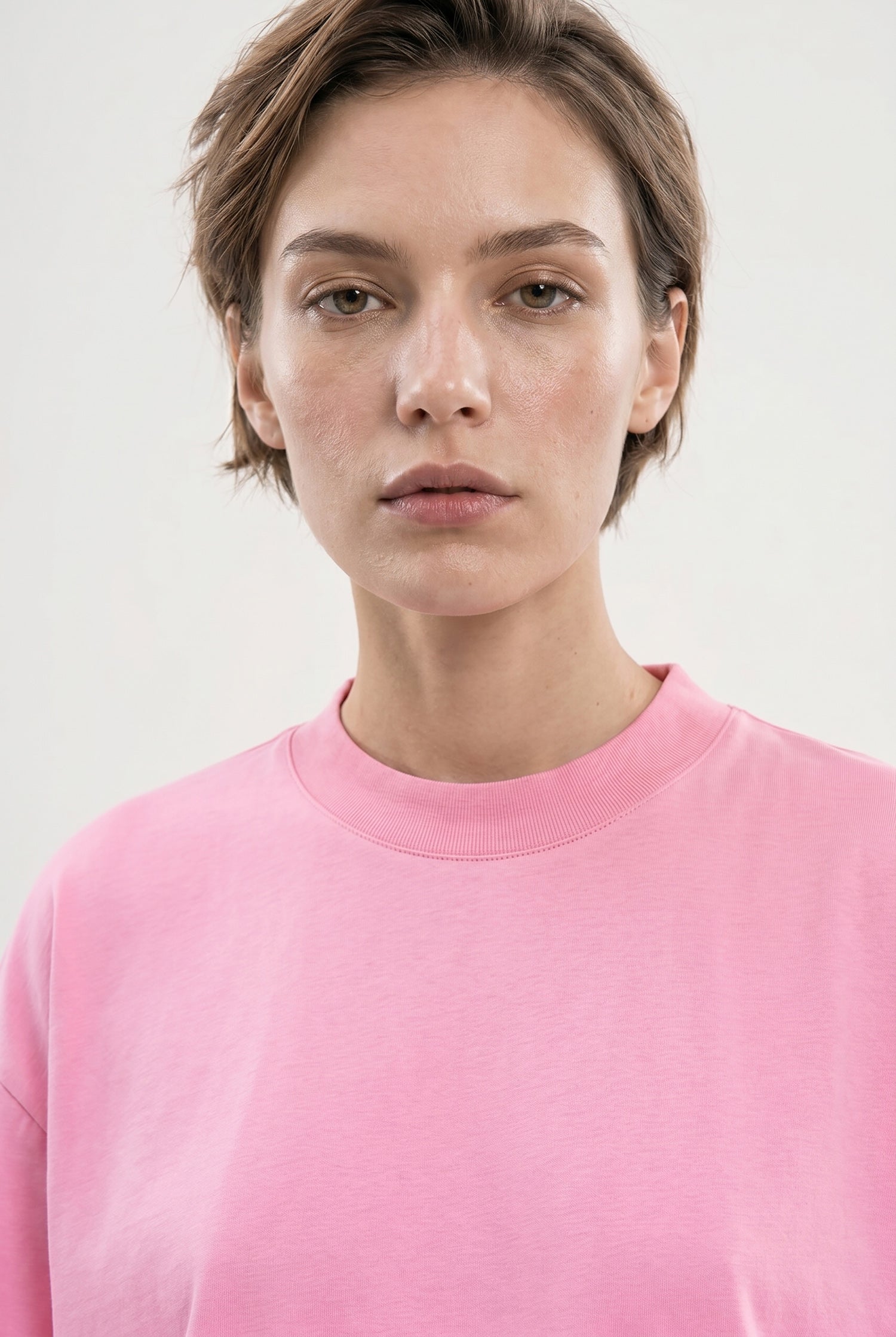 Kadın Basic Oversize Pamuklu Süprem T-Shirt Şeker Pembe-3