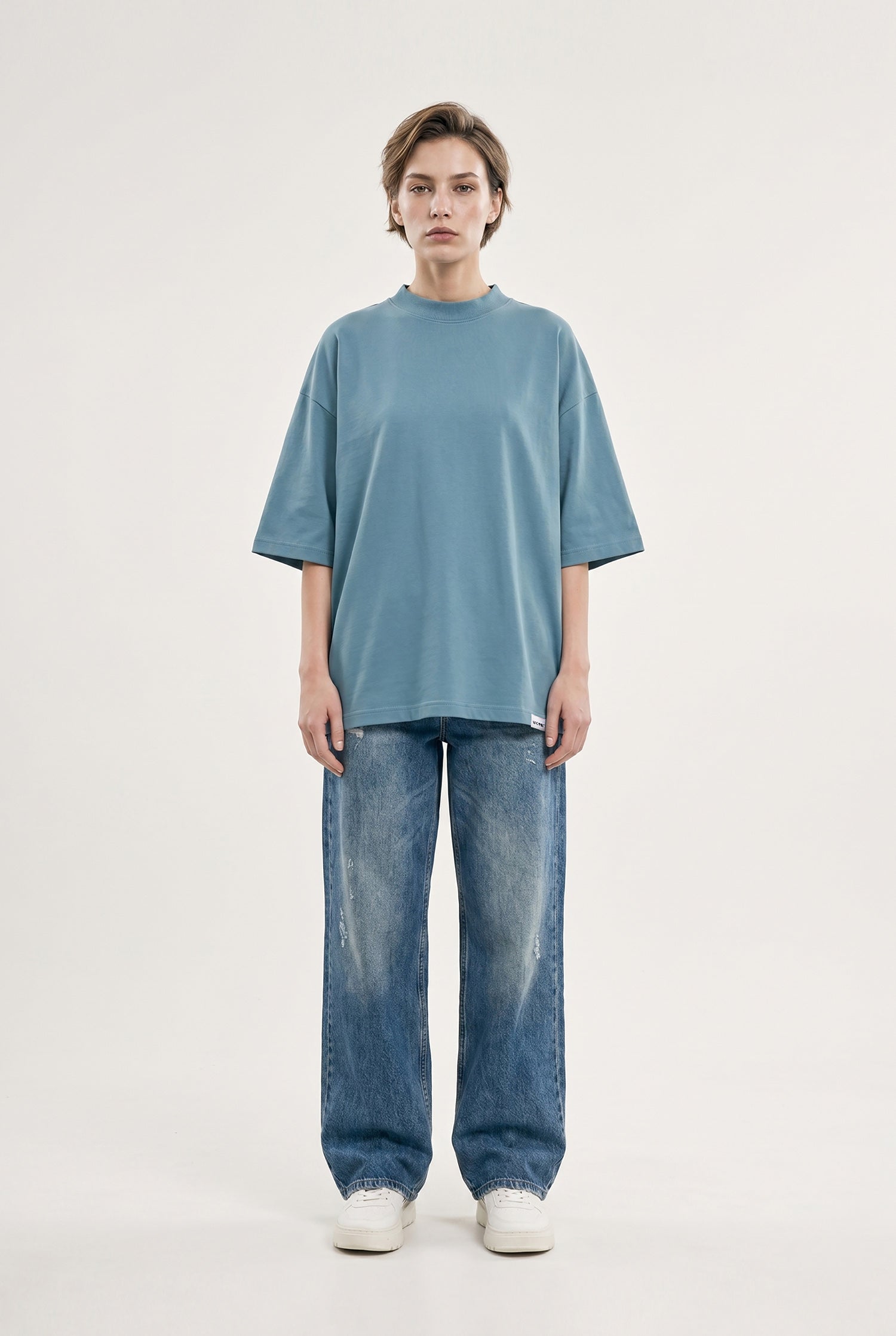 Kadın Basic Oversize Pamuklu Süprem T-Shirt Soluk Mavi-4