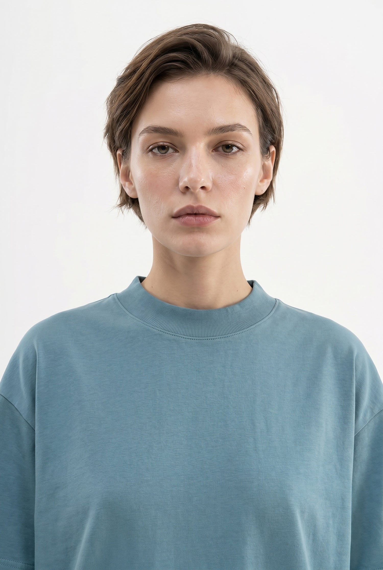 Kadın Basic Oversize Pamuklu Süprem T-Shirt Soluk Mavi-3