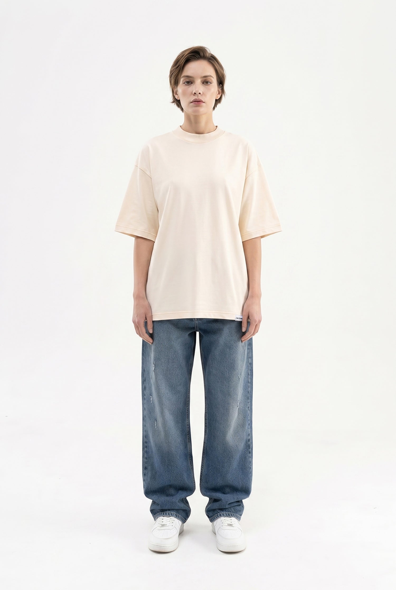 Kadın Basic Oversize Pamuklu Süprem T-Shirt Tereyağı-4