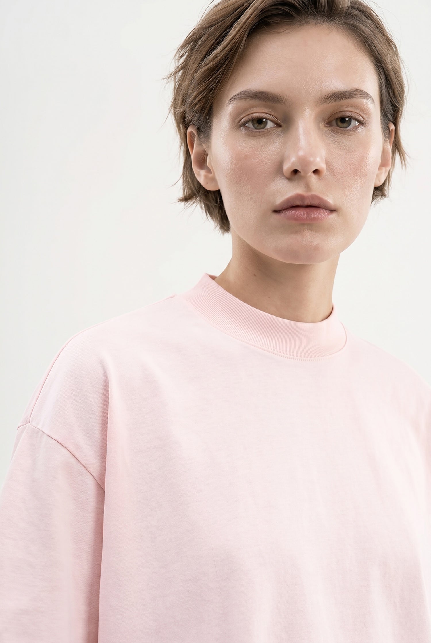 Kadın Basic Oversize Pamuklu Süprem T-Shirt Toz Pembe-3