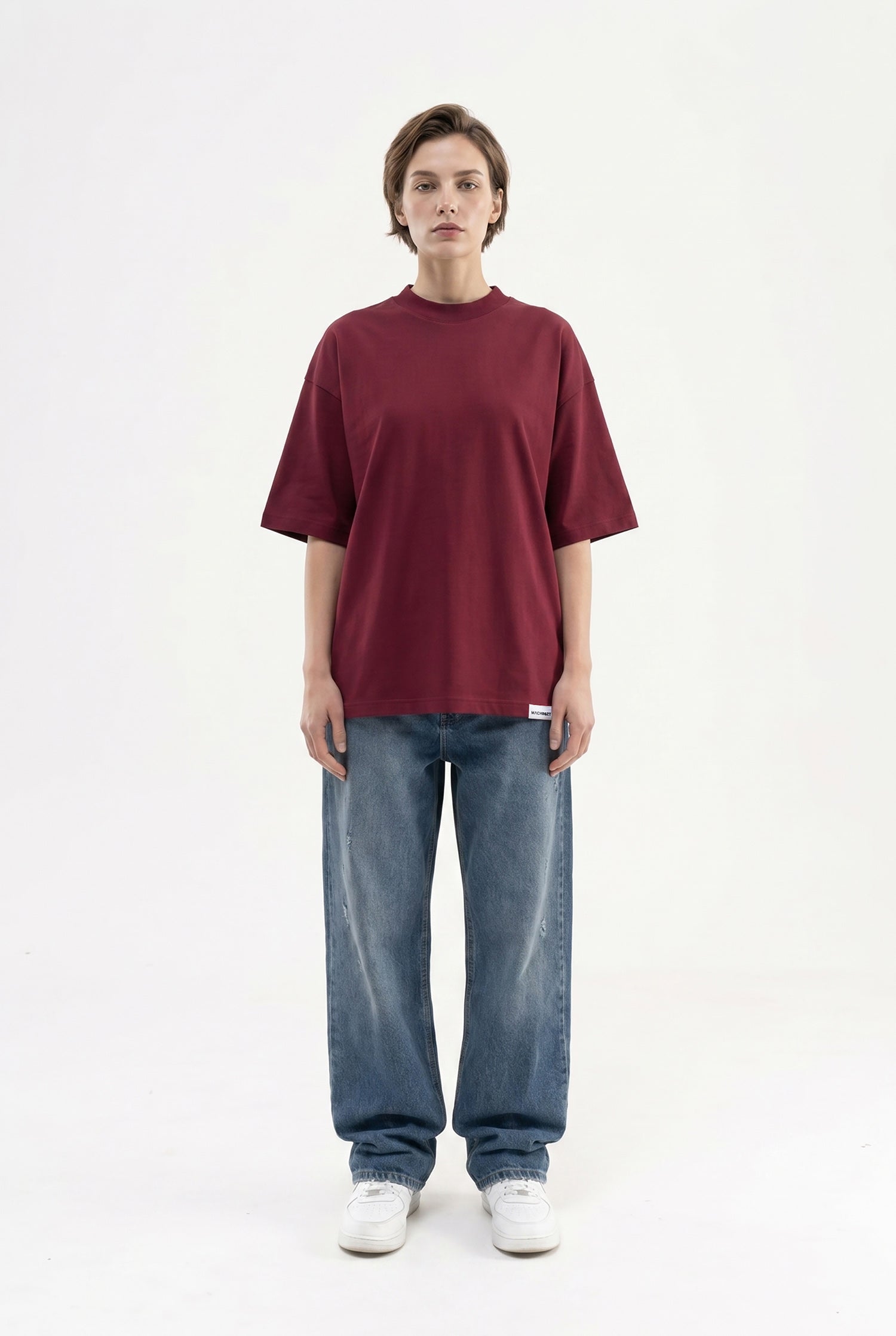 Kadın Basic Oversize Pamuklu Süprem T-Shirt Vişne-4