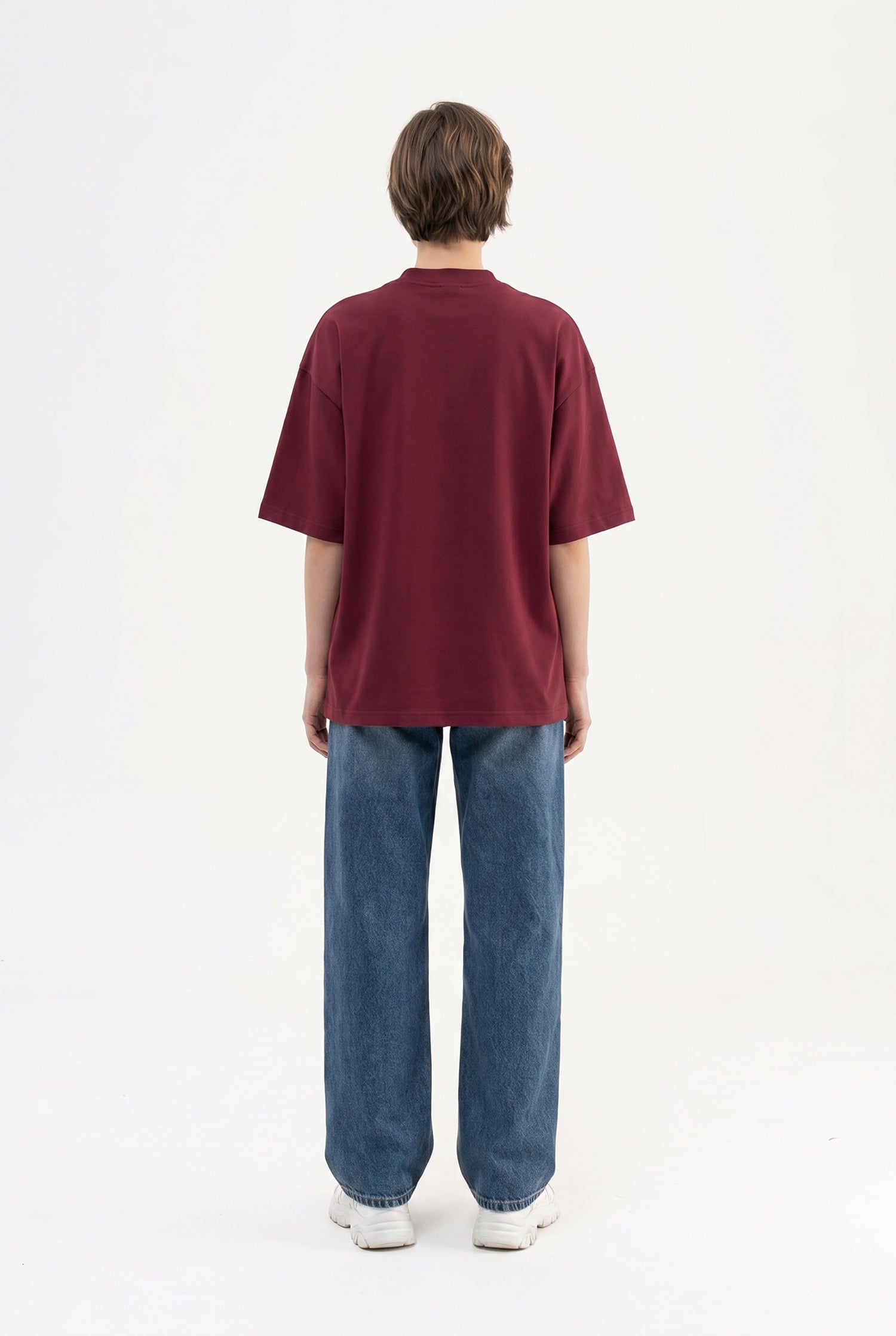 Kadın Basic Oversize Pamuklu Süprem T-Shirt Vişne-5