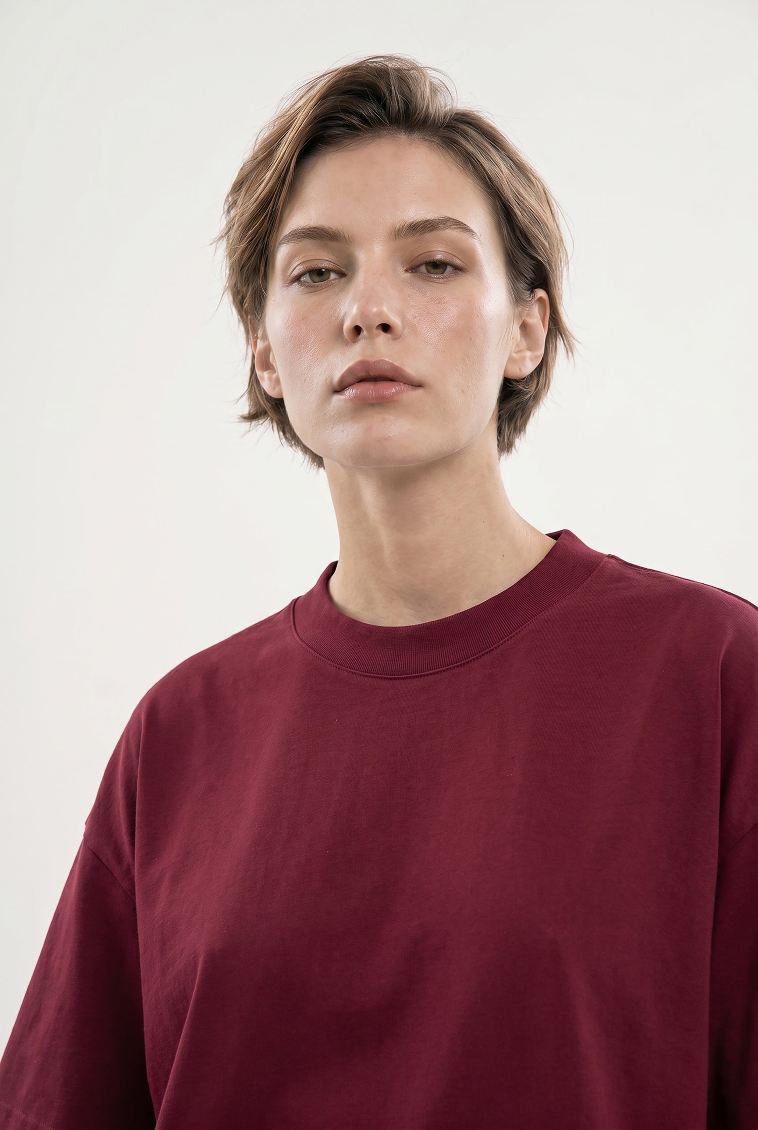 Kadın Basic Oversize Pamuklu Süprem T-Shirt Vişne-3