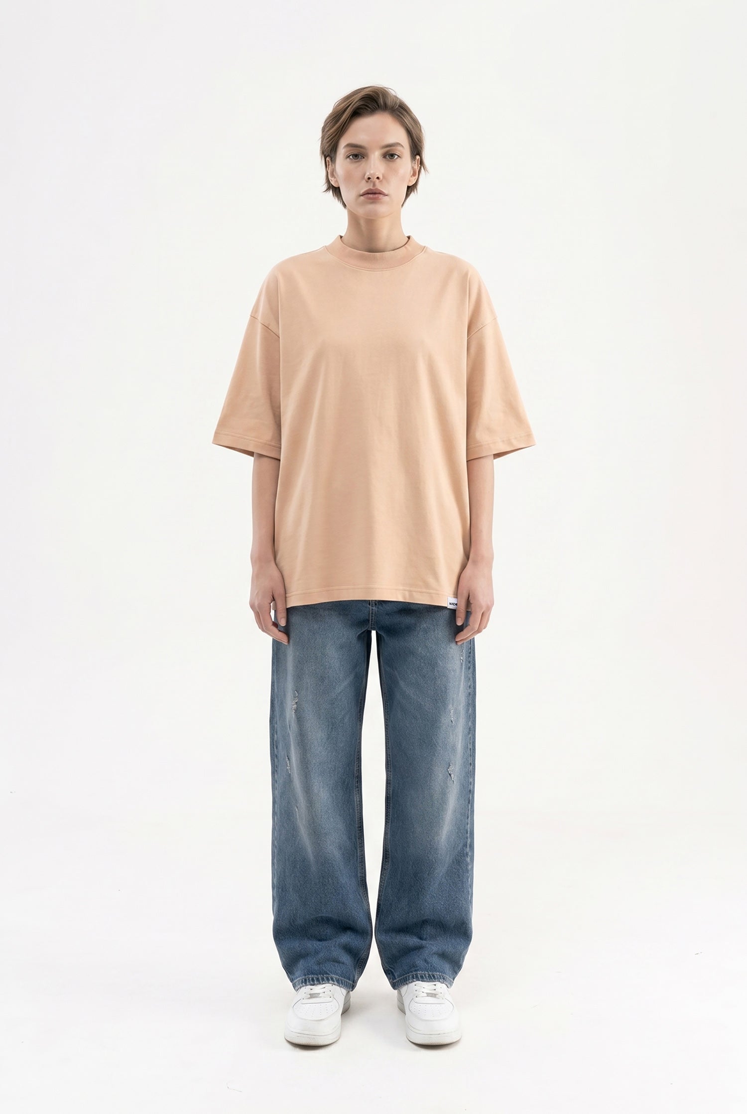 Kadın Basic Oversize Pamuklu Süprem T-Shirt Vizon-4