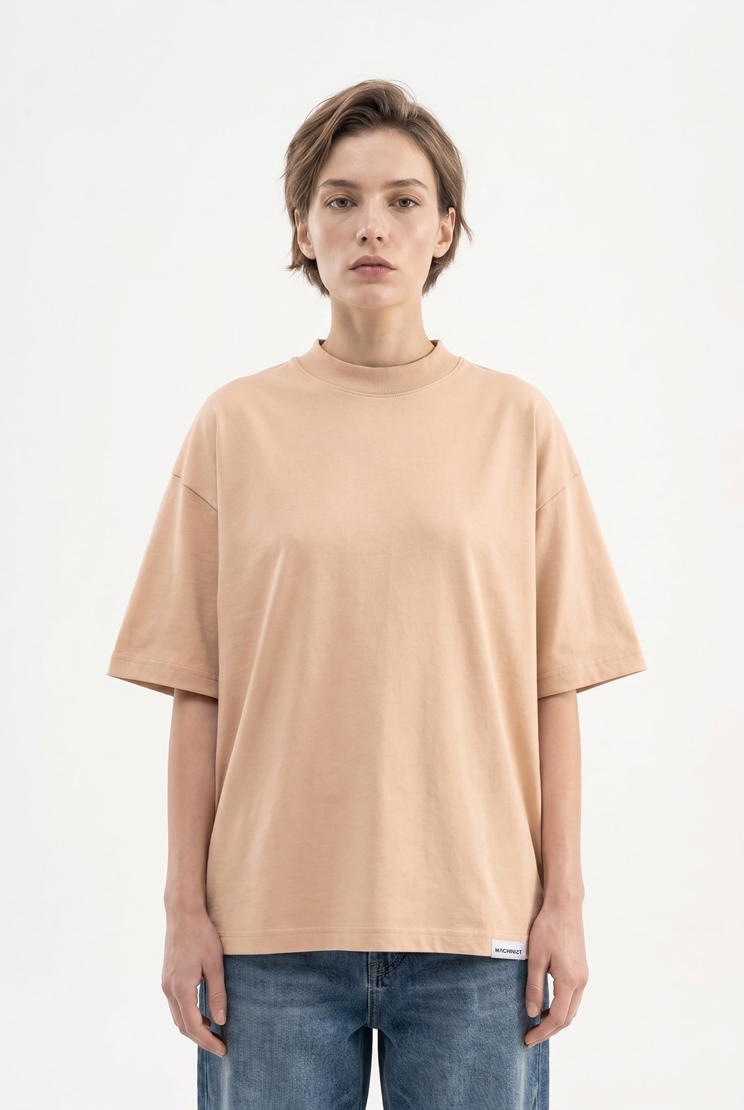 Kadın Basic Oversize Pamuklu Süprem T-Shirt Vizon