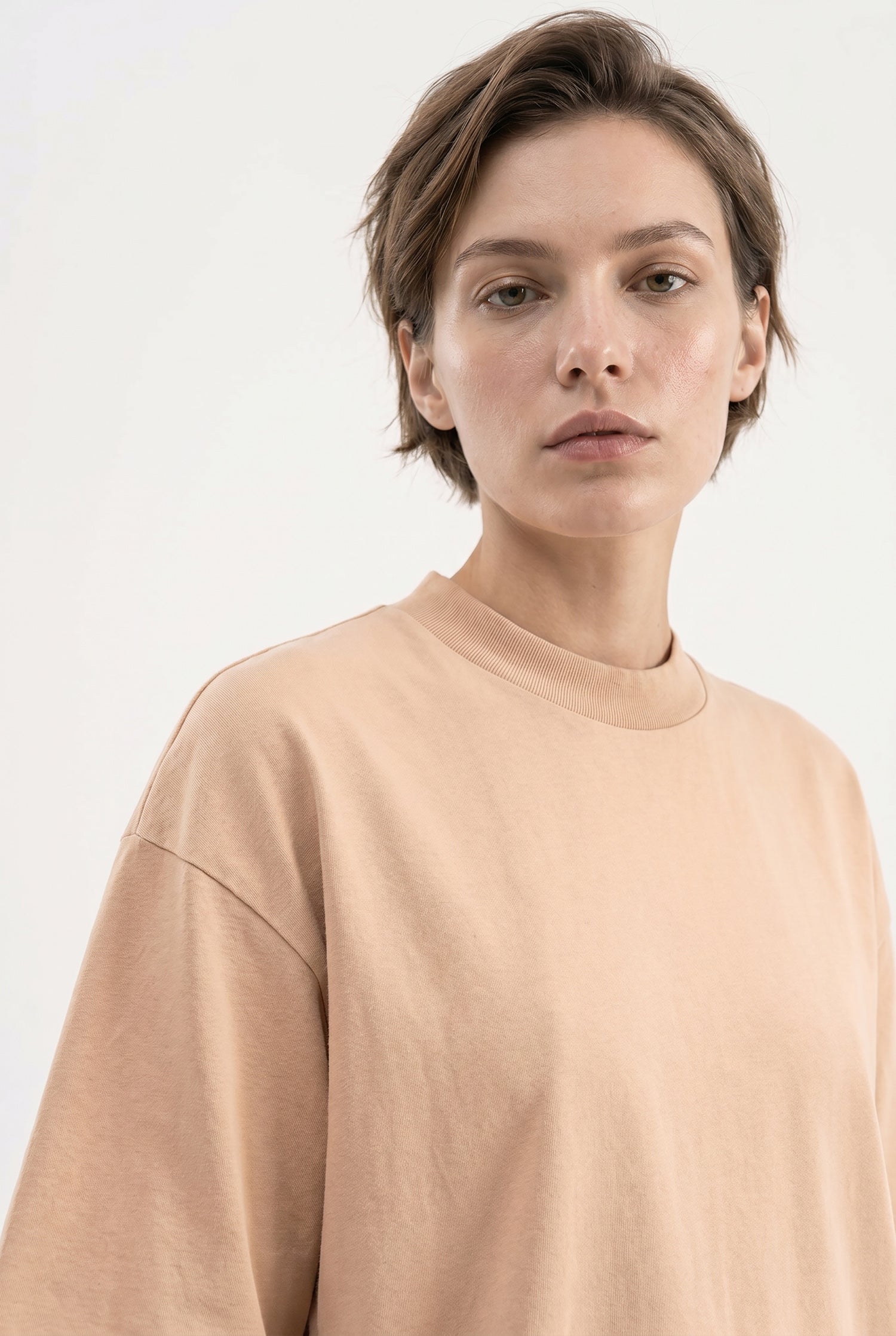 Kadın Basic Oversize Pamuklu Süprem T-Shirt Vizon-3