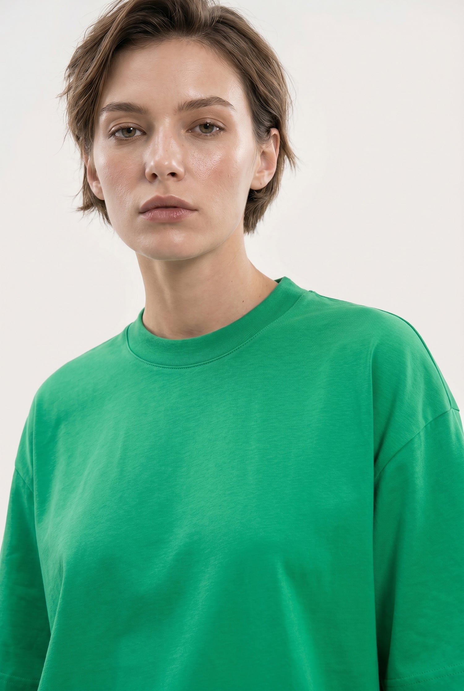 Kadın Basic Oversize Pamuklu Süprem T-Shirt Yeşil-3