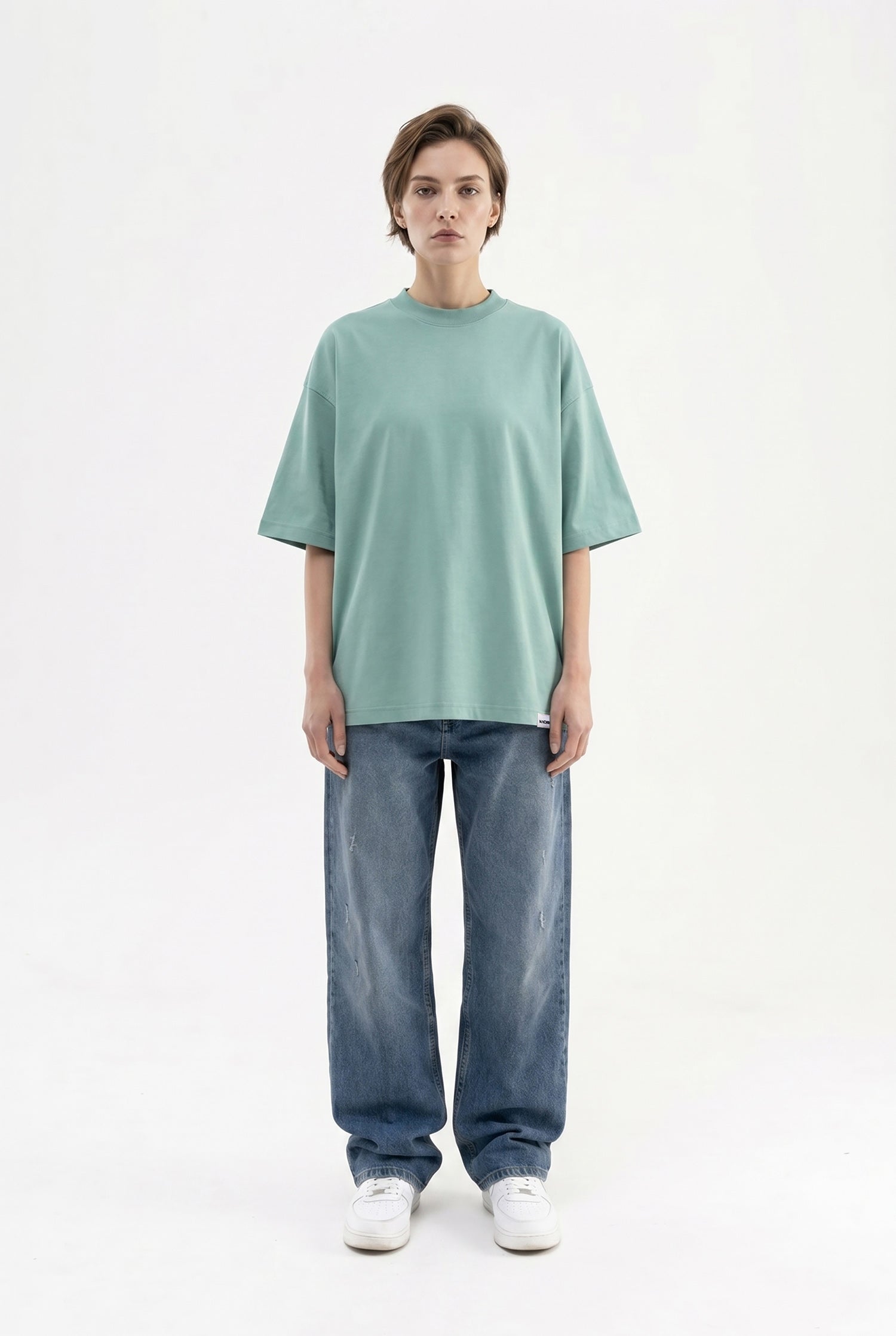 Kadın Basic Oversize Pamuklu Süprem T-Shirt Yosun Yeşili-4