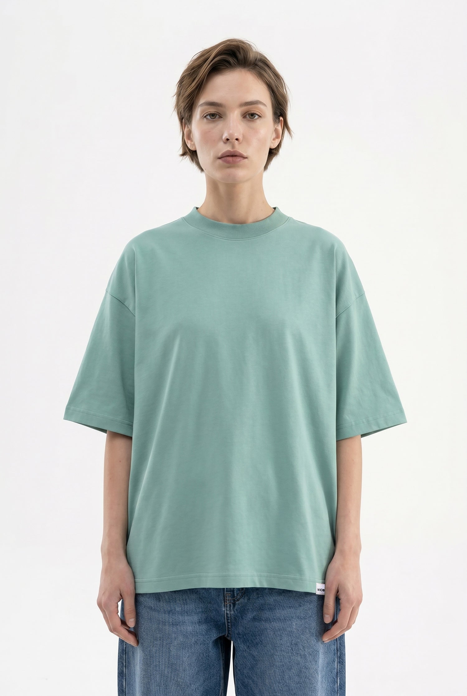 Kadın Basic Oversize Pamuklu Süprem T-Shirt Yosun Yeşili
