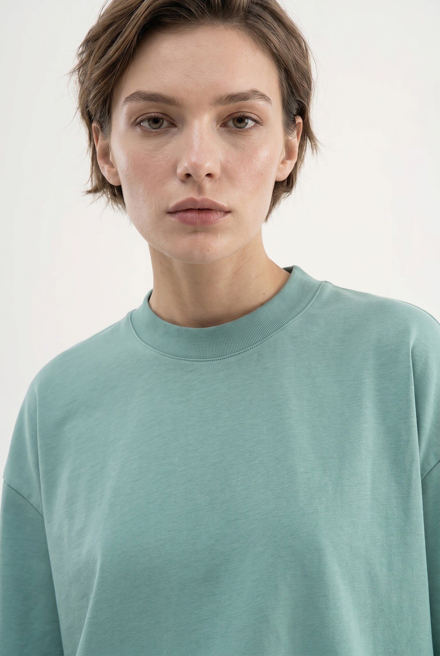 Kadın Basic Oversize Pamuklu Süprem T-Shirt Yosun Yeşili-3