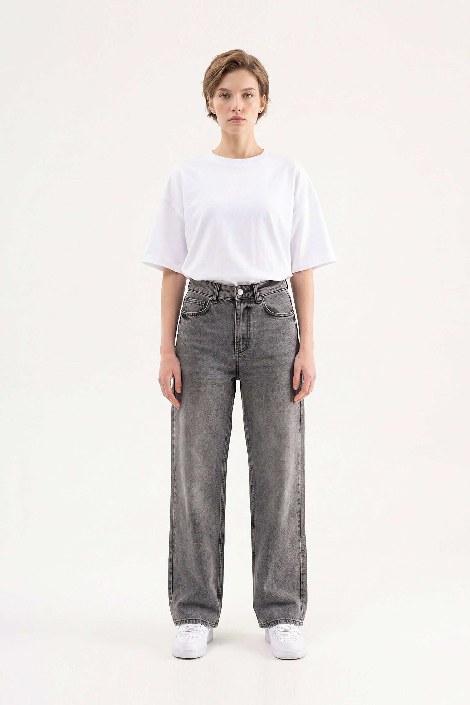 Kadın Efektli Loose Fit Jean Pantolon Gri
