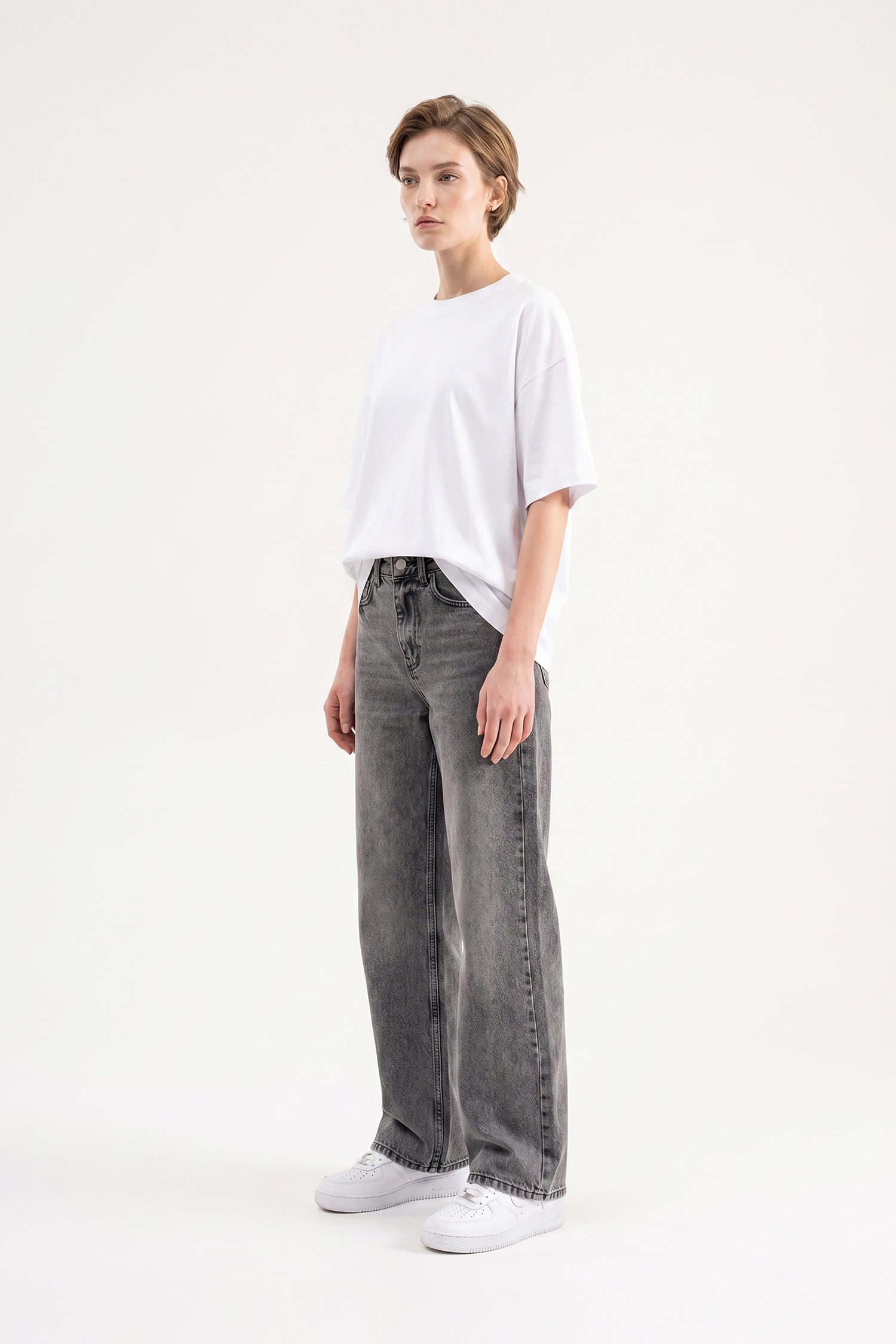 Kadın Efektli Loose Fit Jean Pantolon Gri