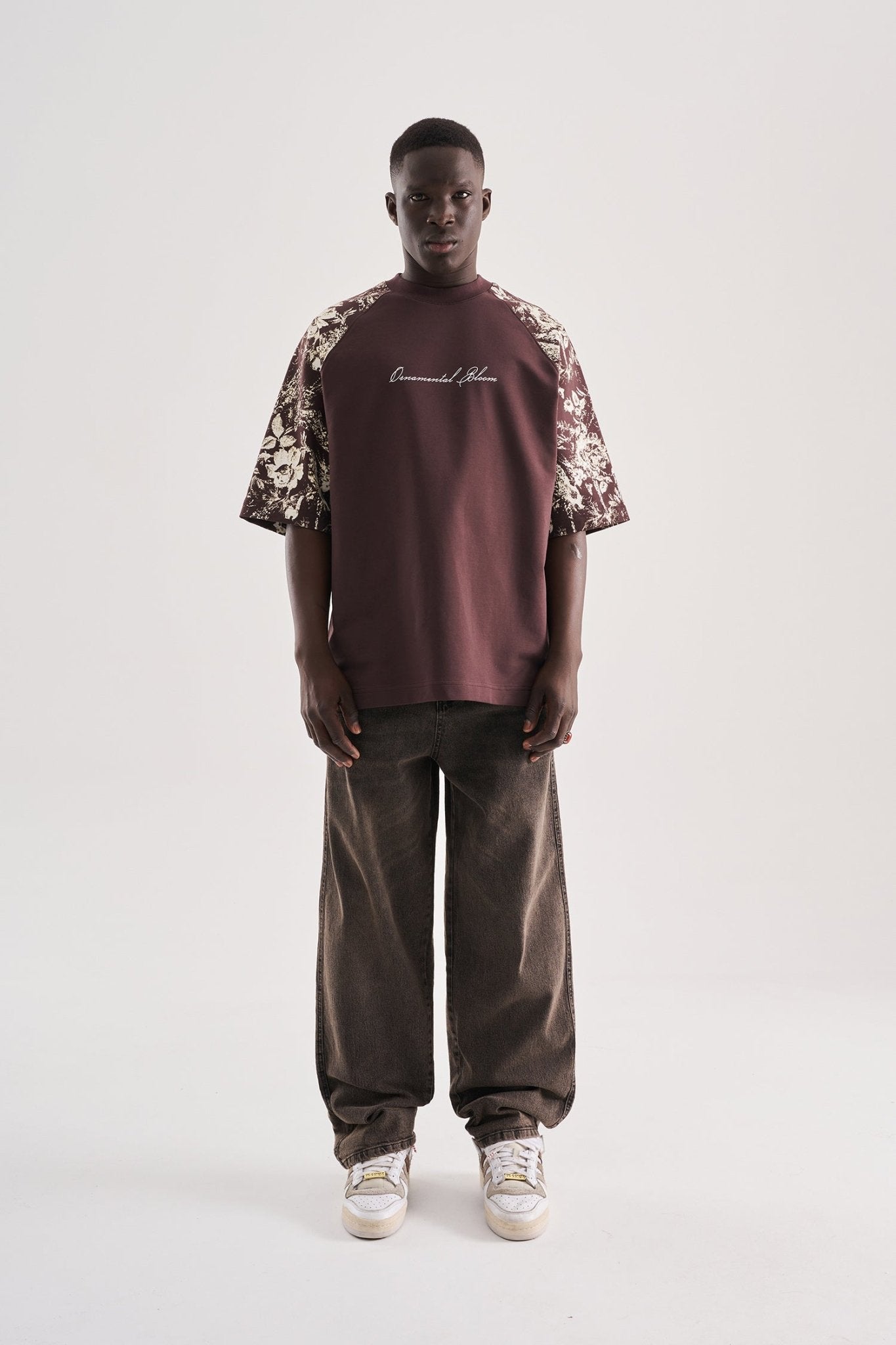 Erkek Flower Printed Oversize Tişört Kahverengi