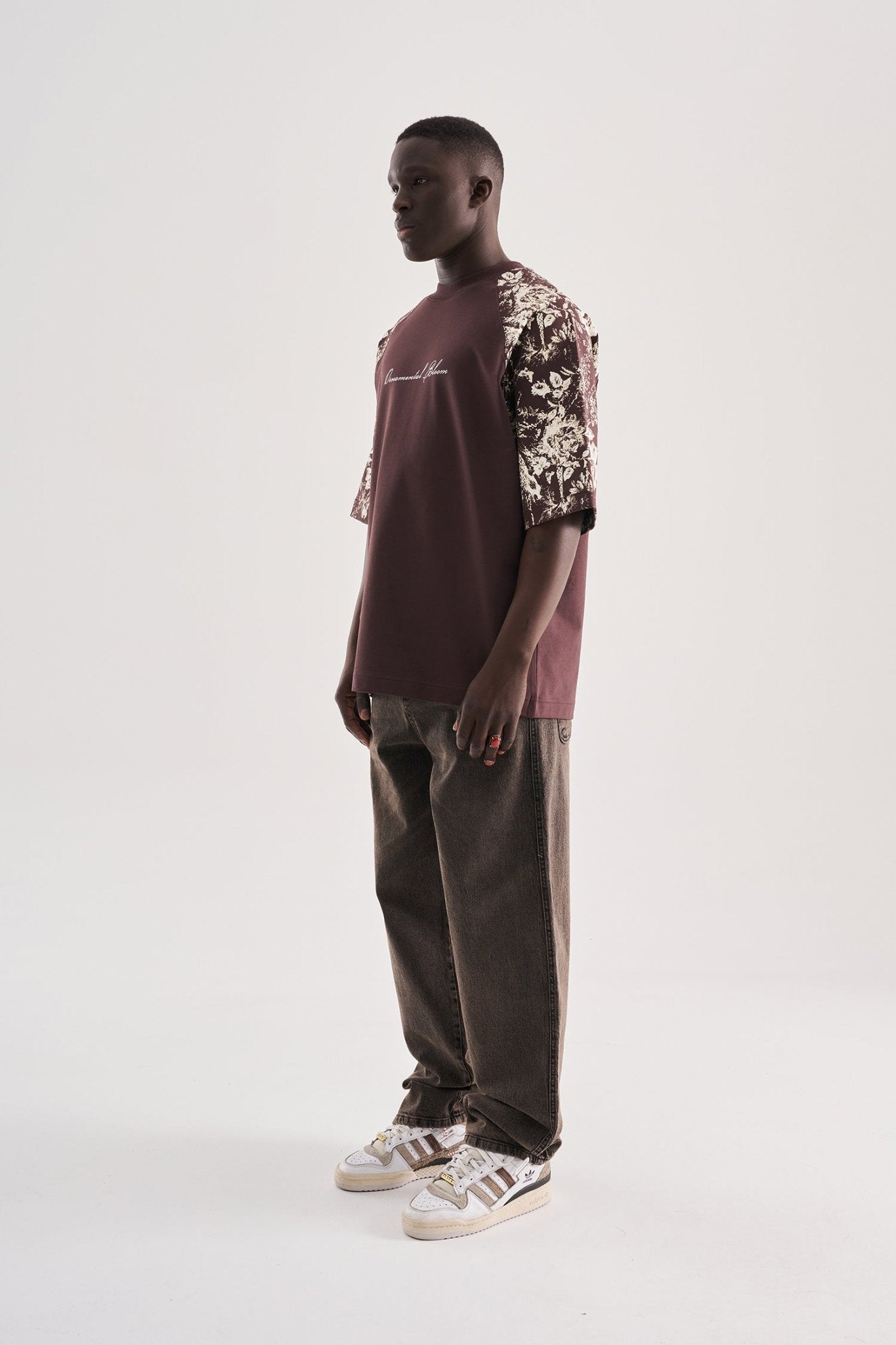 Erkek Flower Printed Oversize Tişört Kahverengi