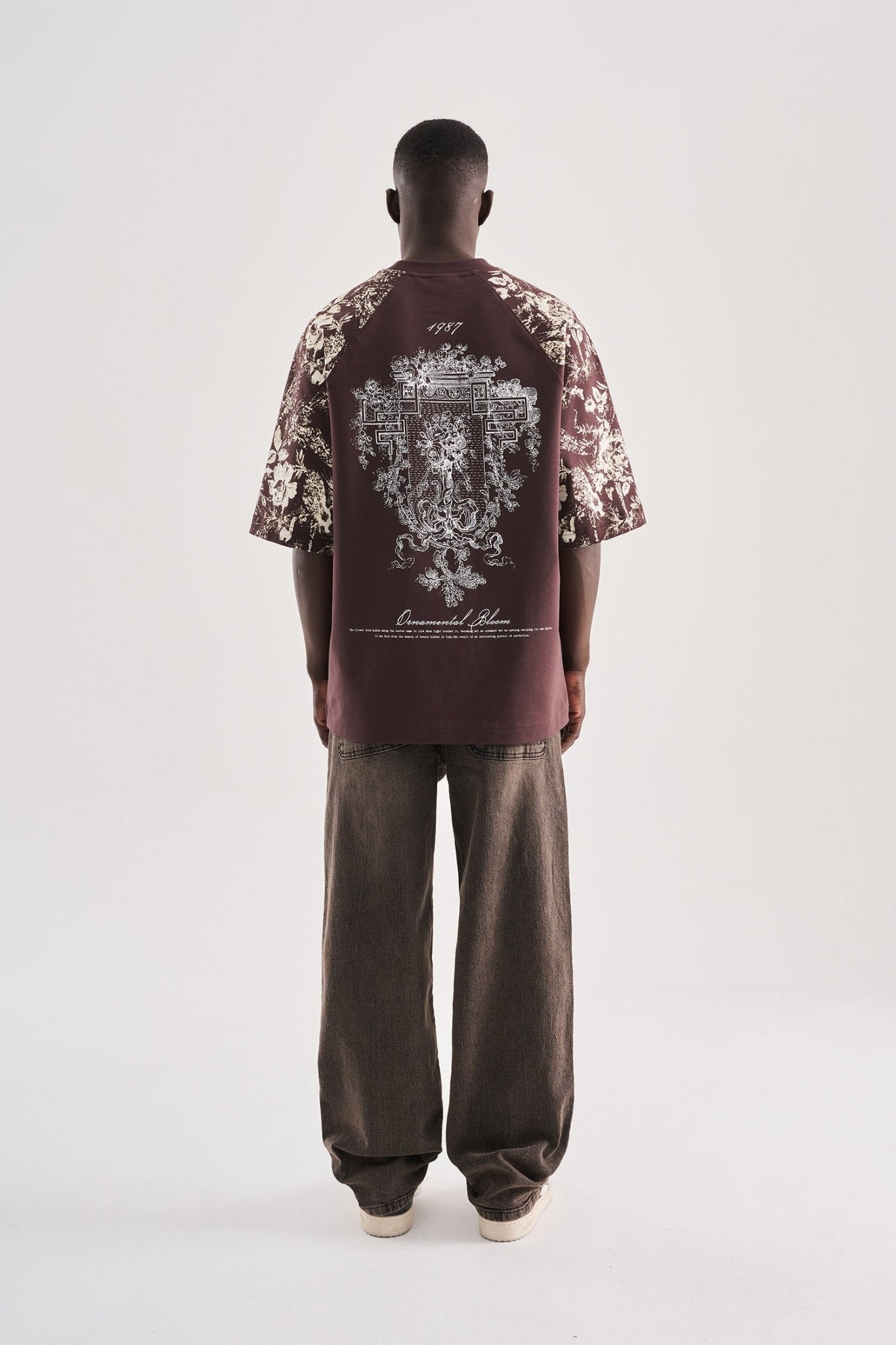Erkek Flower Printed Oversize Tişört Kahverengi