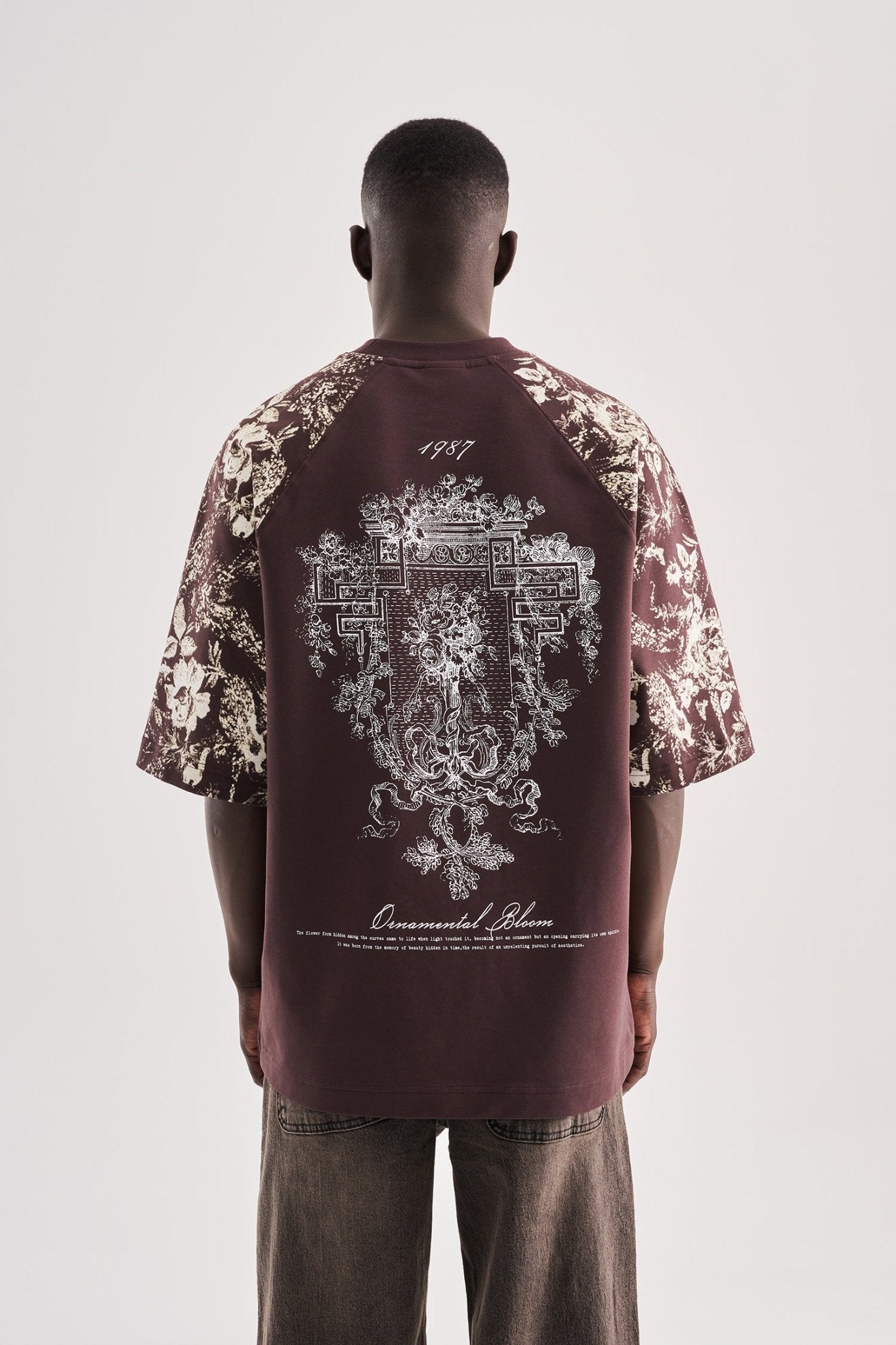 Erkek Flower Printed Oversize Tişört Kahverengi