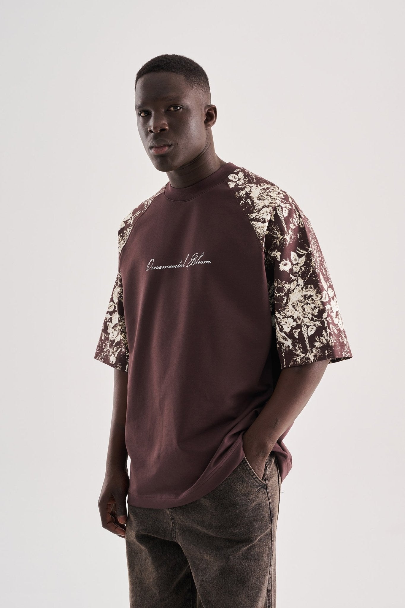 Erkek Flower Printed Oversize Tişört Kahverengi