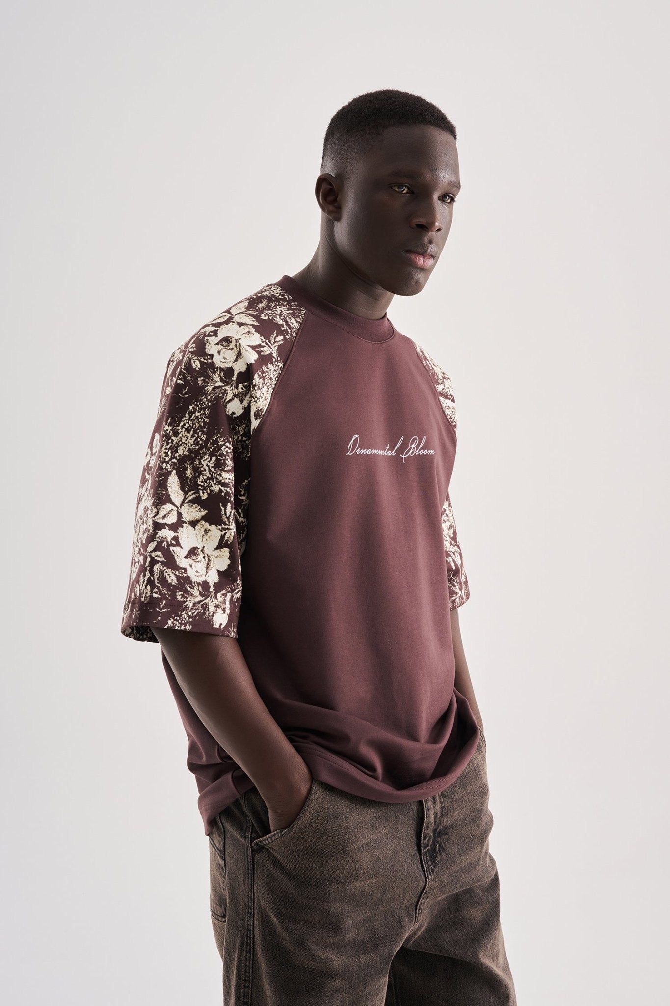 Erkek Flower Printed Oversize Tişört Kahverengi