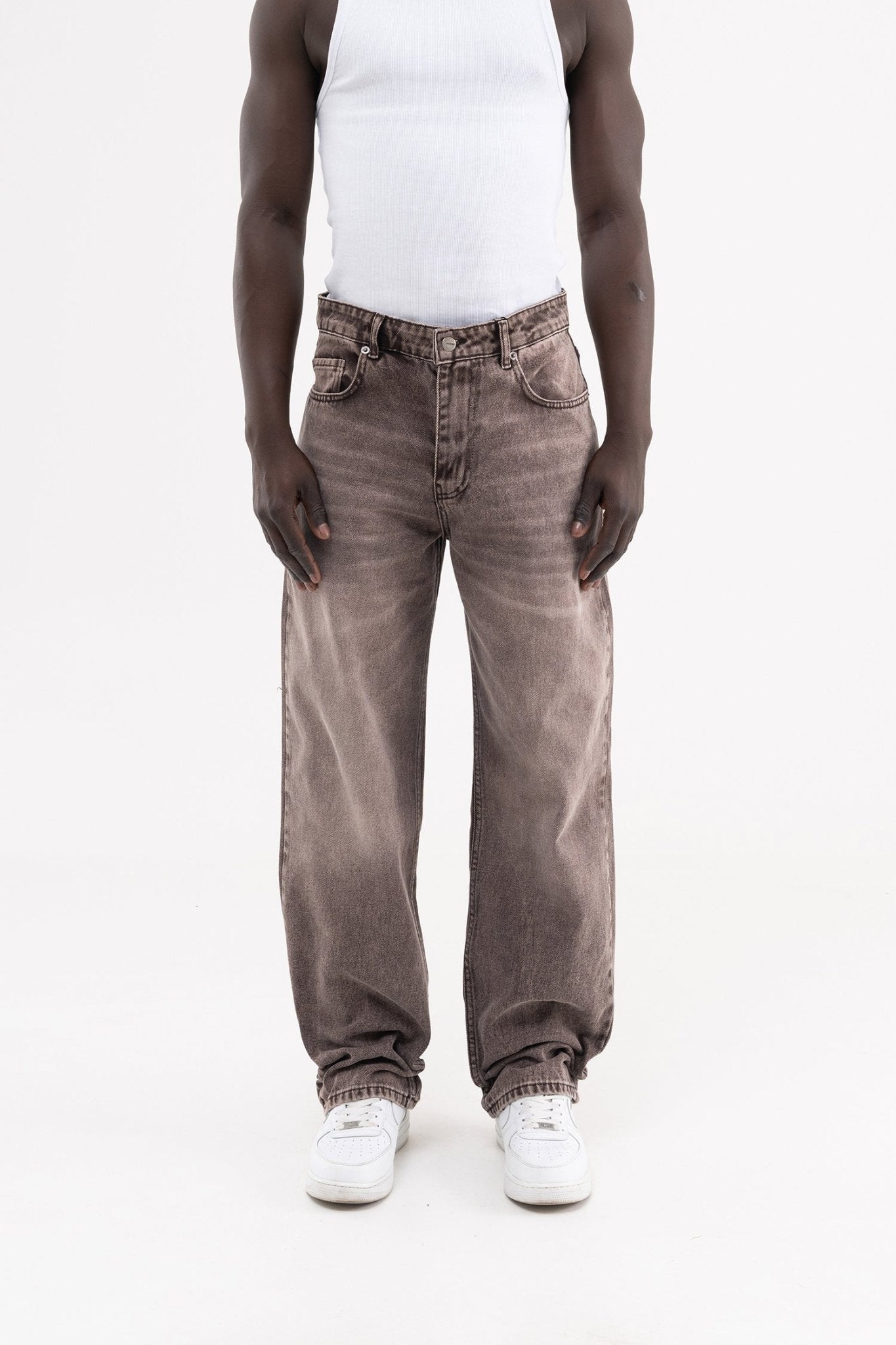 Erkek Efektli Yıkamalı Baggy Jean Pantolon Kahverengi