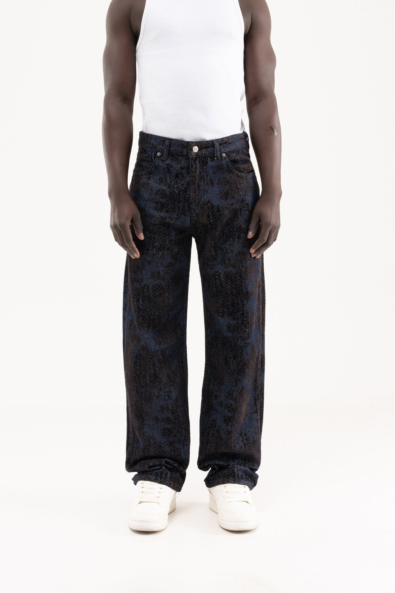 Erkek Flocket Printed Oversize Jean Pantolon Kahverengi