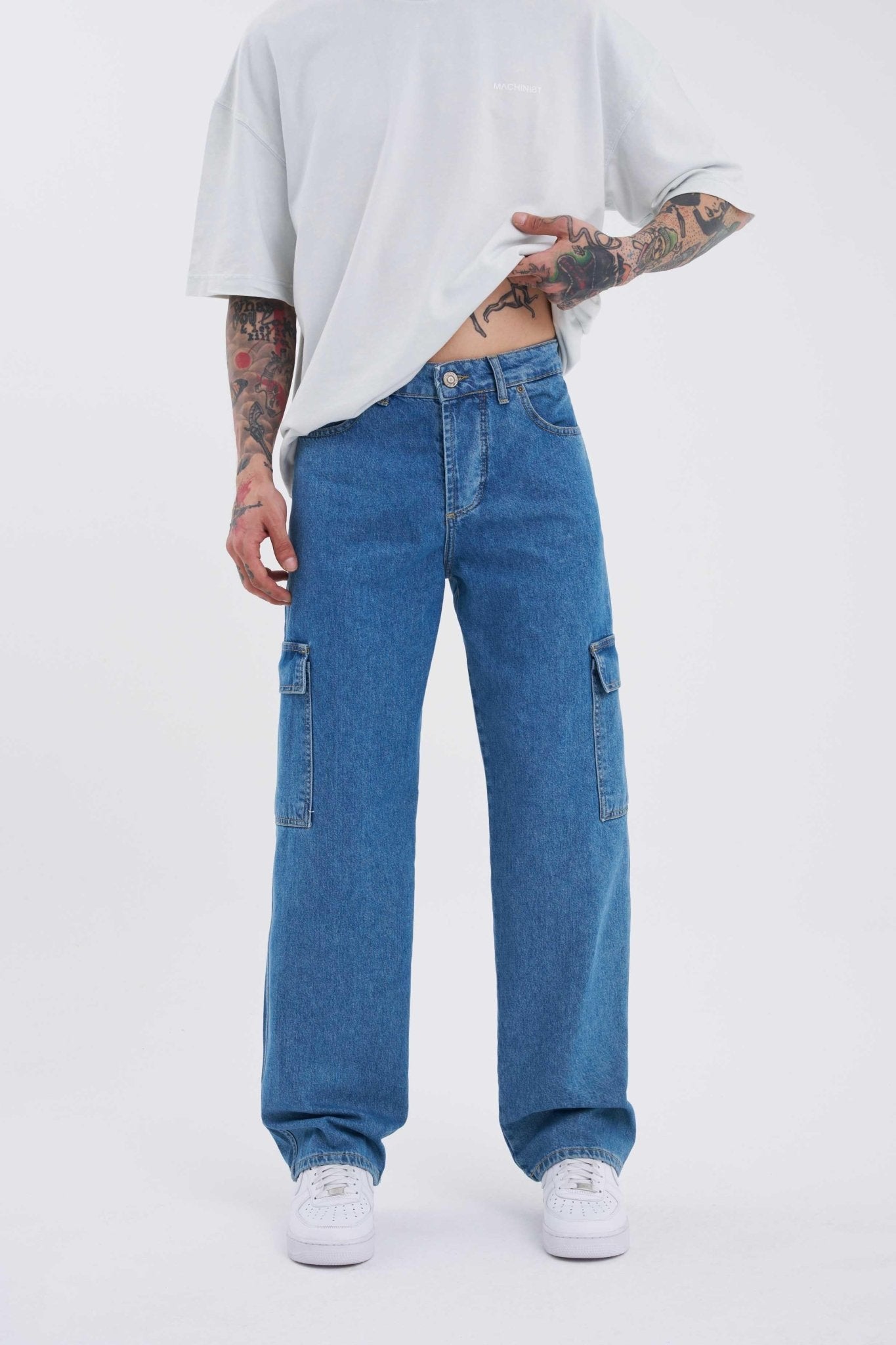 Erkek Yıkamalı Kargo Cepli Baggy Fit Jean Pantolon Koyu Mavi