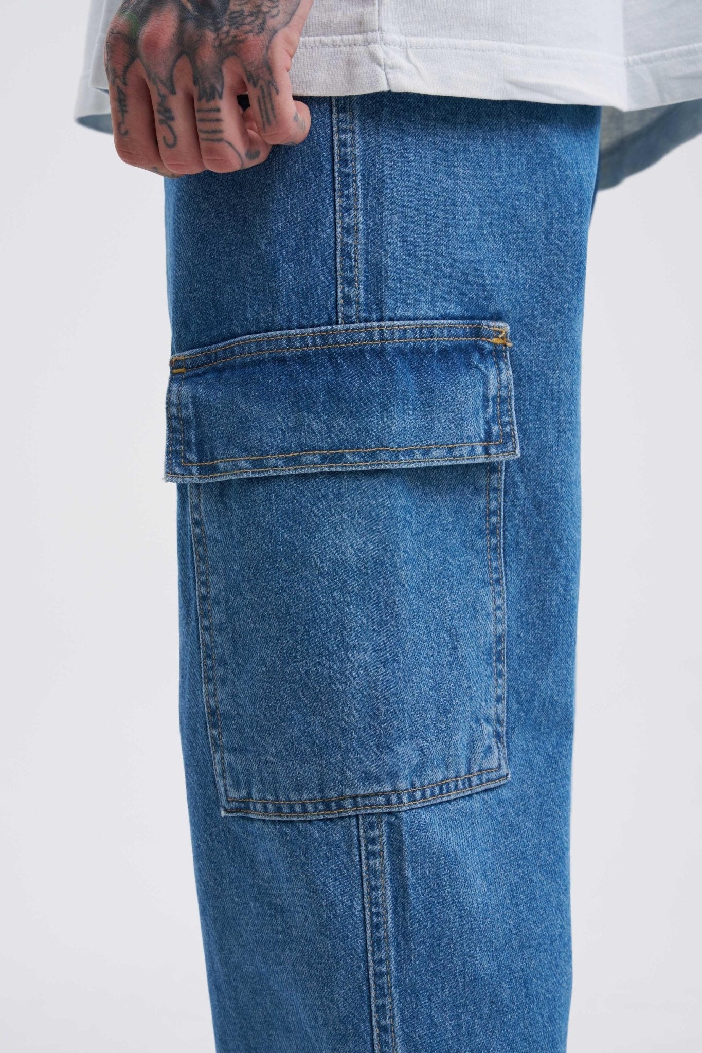 Erkek Yıkamalı Kargo Cepli Baggy Fit Jean Pantolon Koyu Mavi