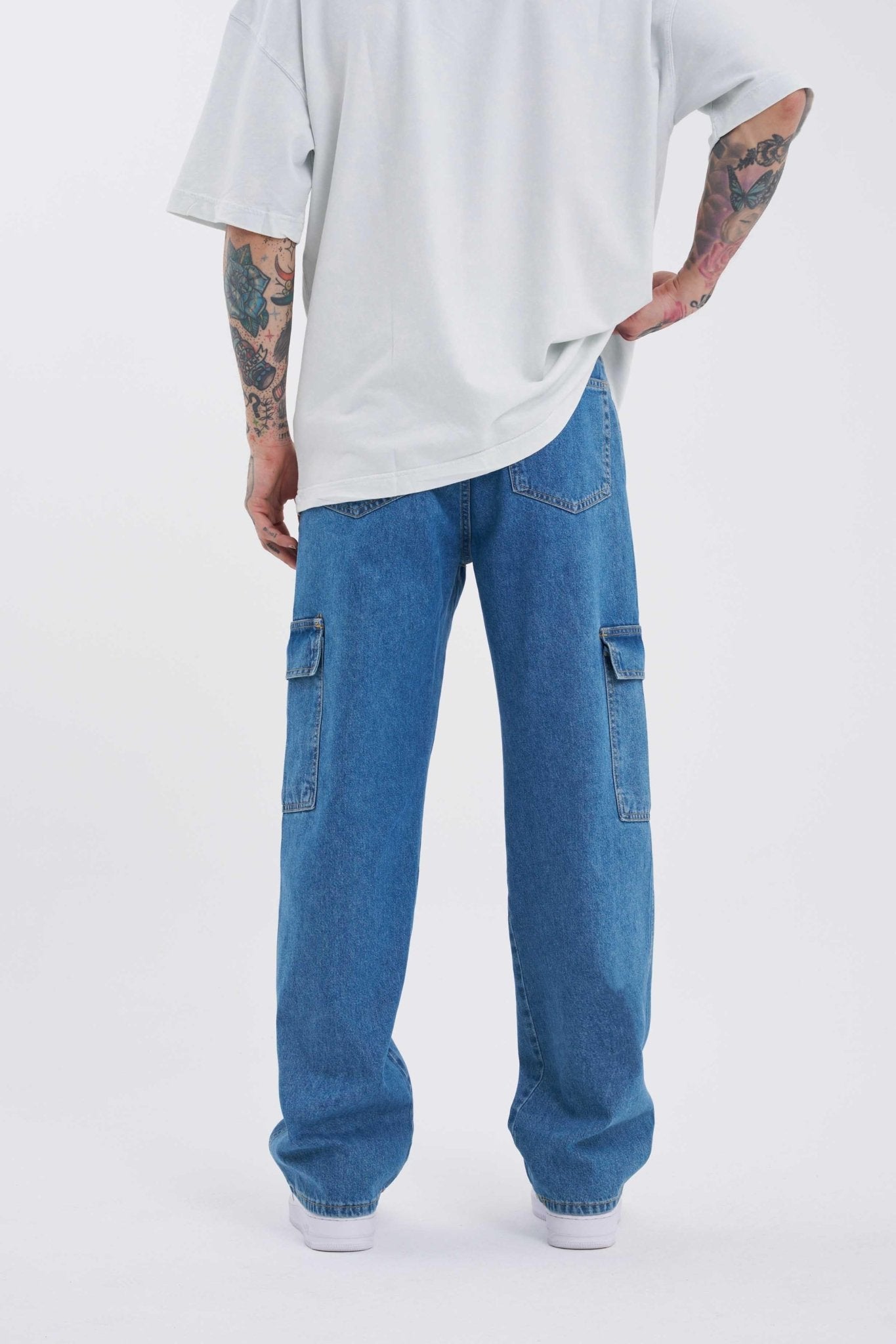 Erkek Yıkamalı Kargo Cepli Baggy Fit Jean Pantolon Koyu Mavi